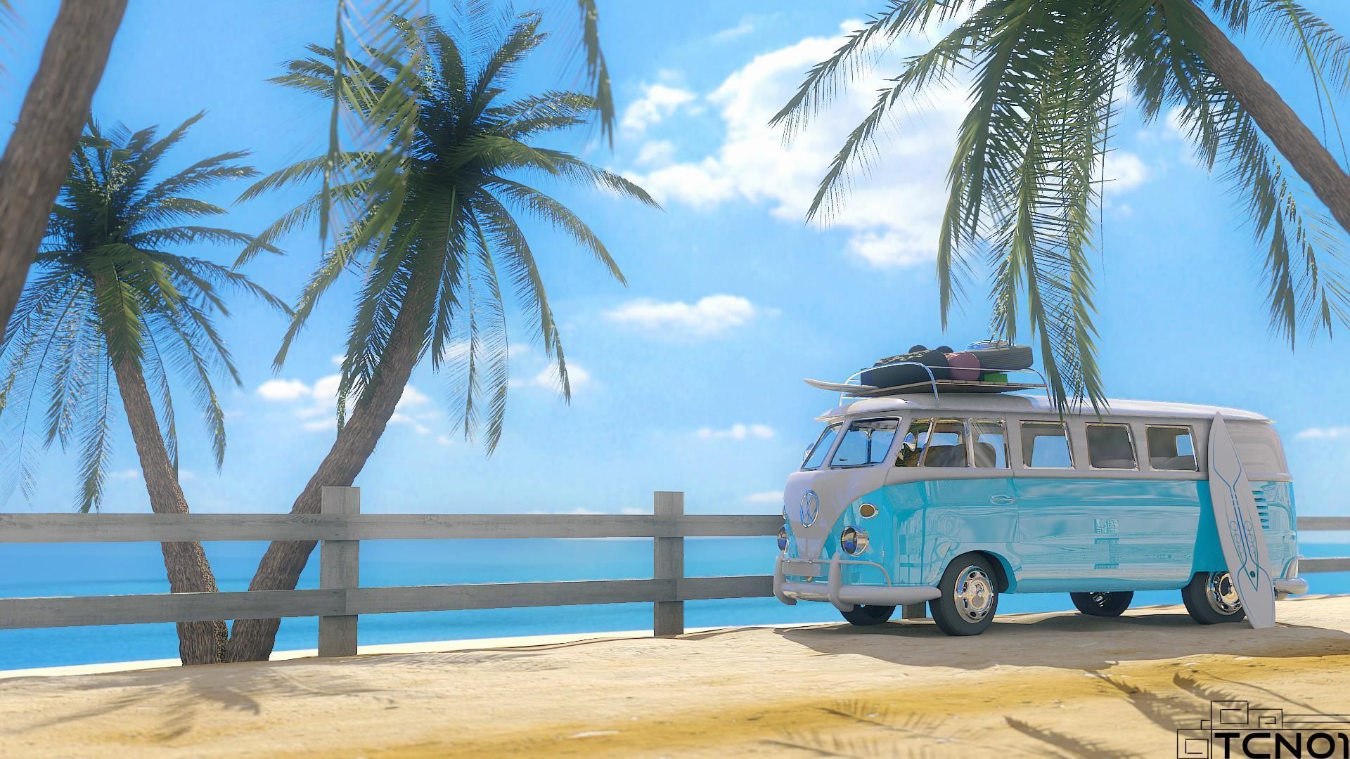 VW T1, VW Bulli, Strand, Palmen, Hellblau, Illustration, Full HD, Breitbild-Hintergrundbild