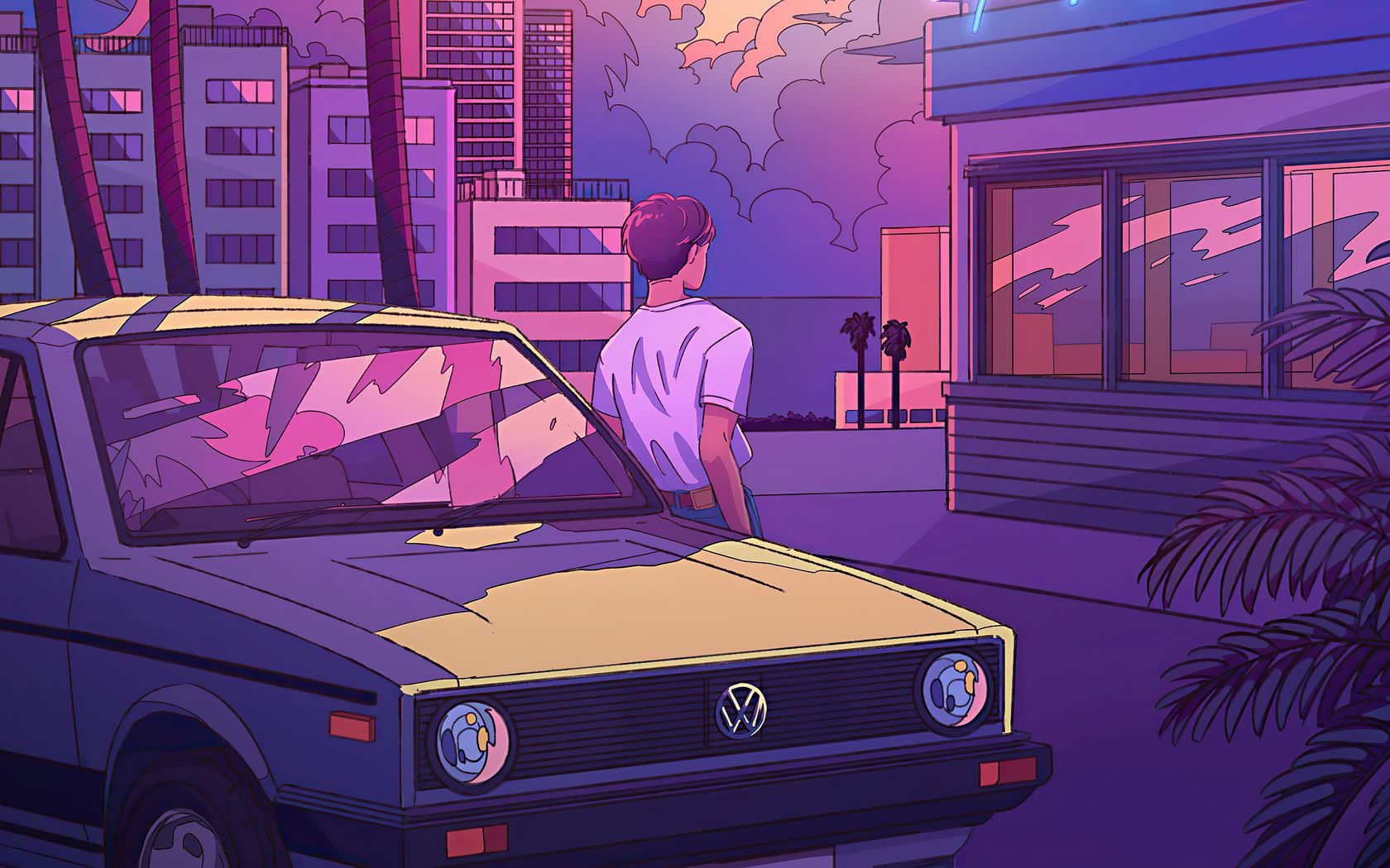 VW Golf I, Volkswagen, Illustration, Synthwave, Lila, Großstadt, HD, Desktop-Hintergrund