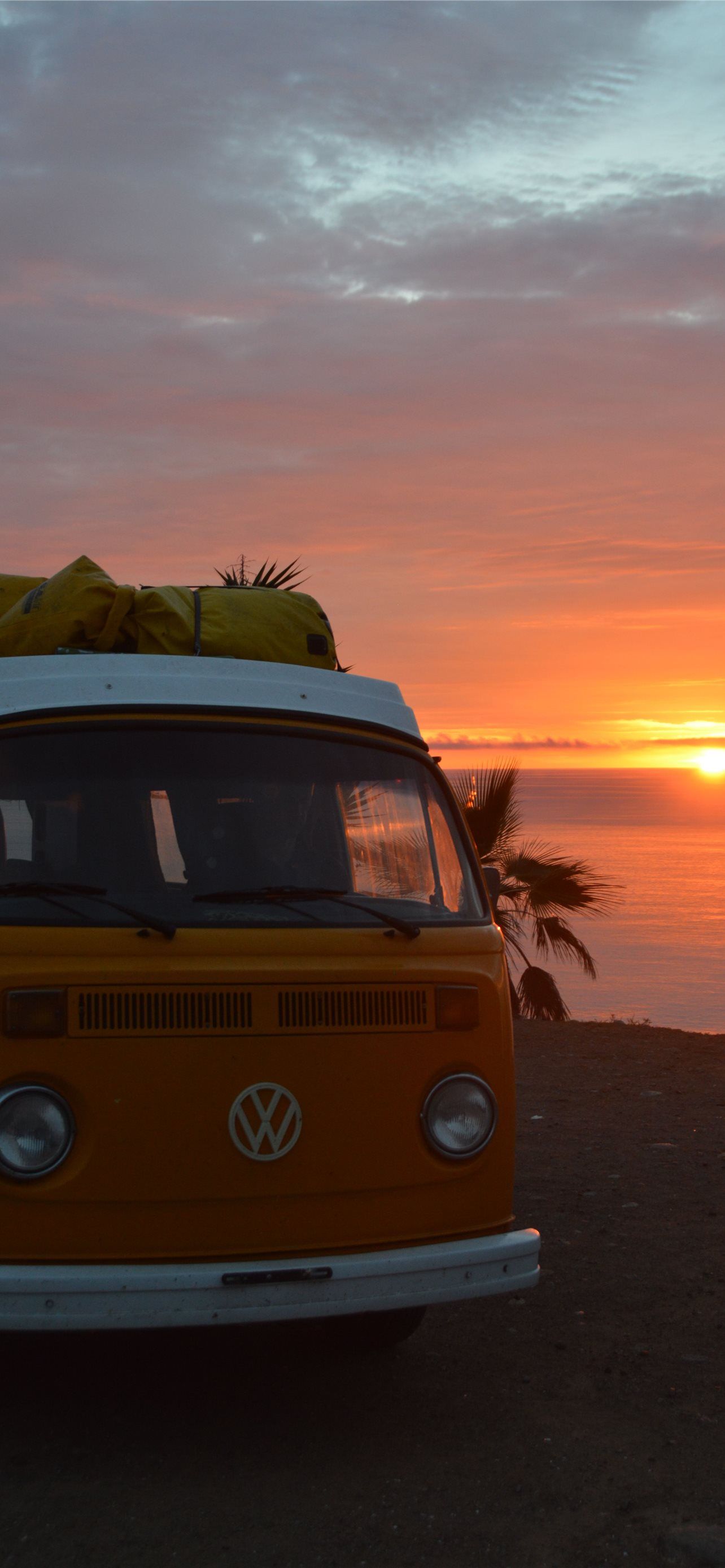 VW T2, VW Bulli, Sonnenuntergang, Orange, Himmel, Full HD, Sperrbildschirm fürs iPhone