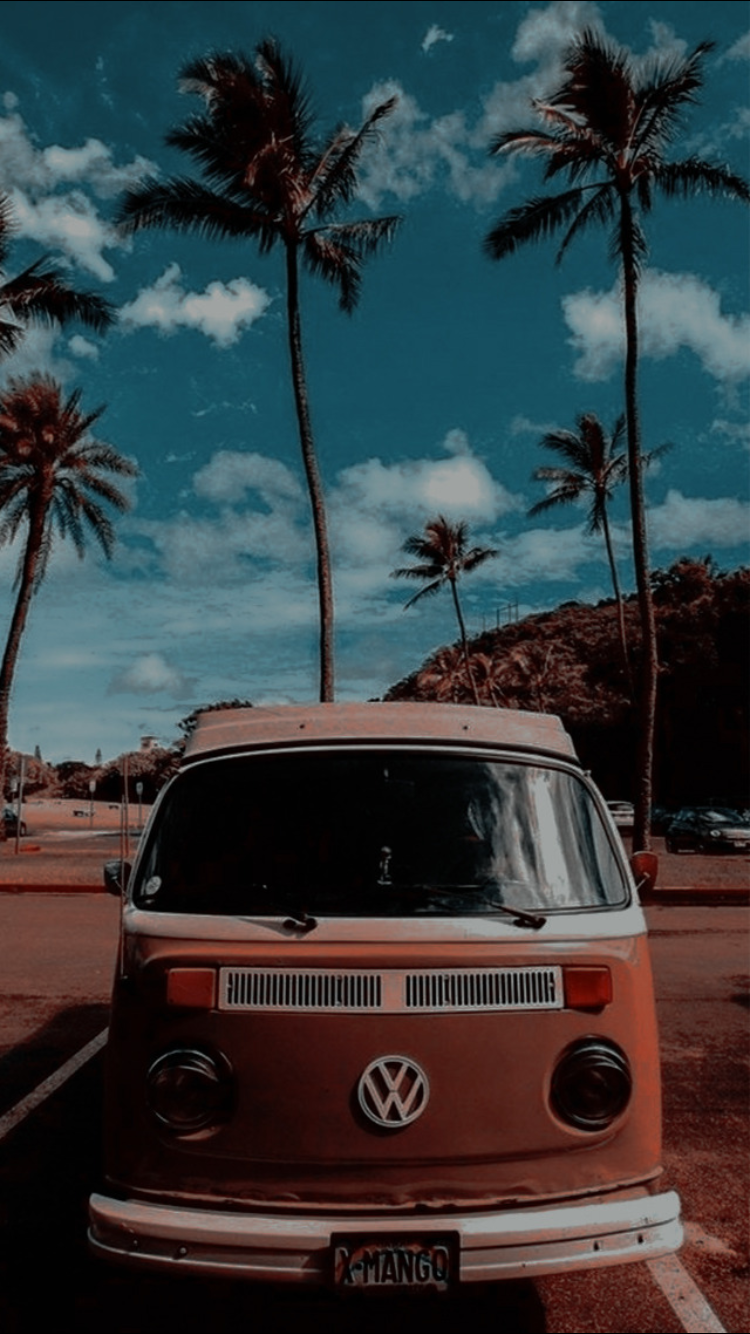 VW T2, VW Bulli, Palmen, Rot, Retro-Filter, HD, Hintergrundbild fürs Handy