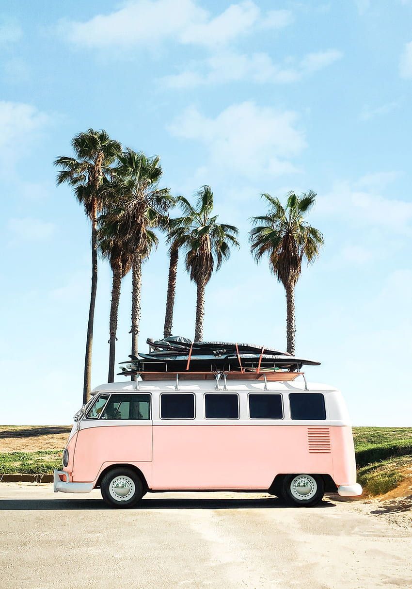 VW T2, VW Bulli, Rosa, Palmen, Surfbrett, HD, iPad-Hintergrundbild