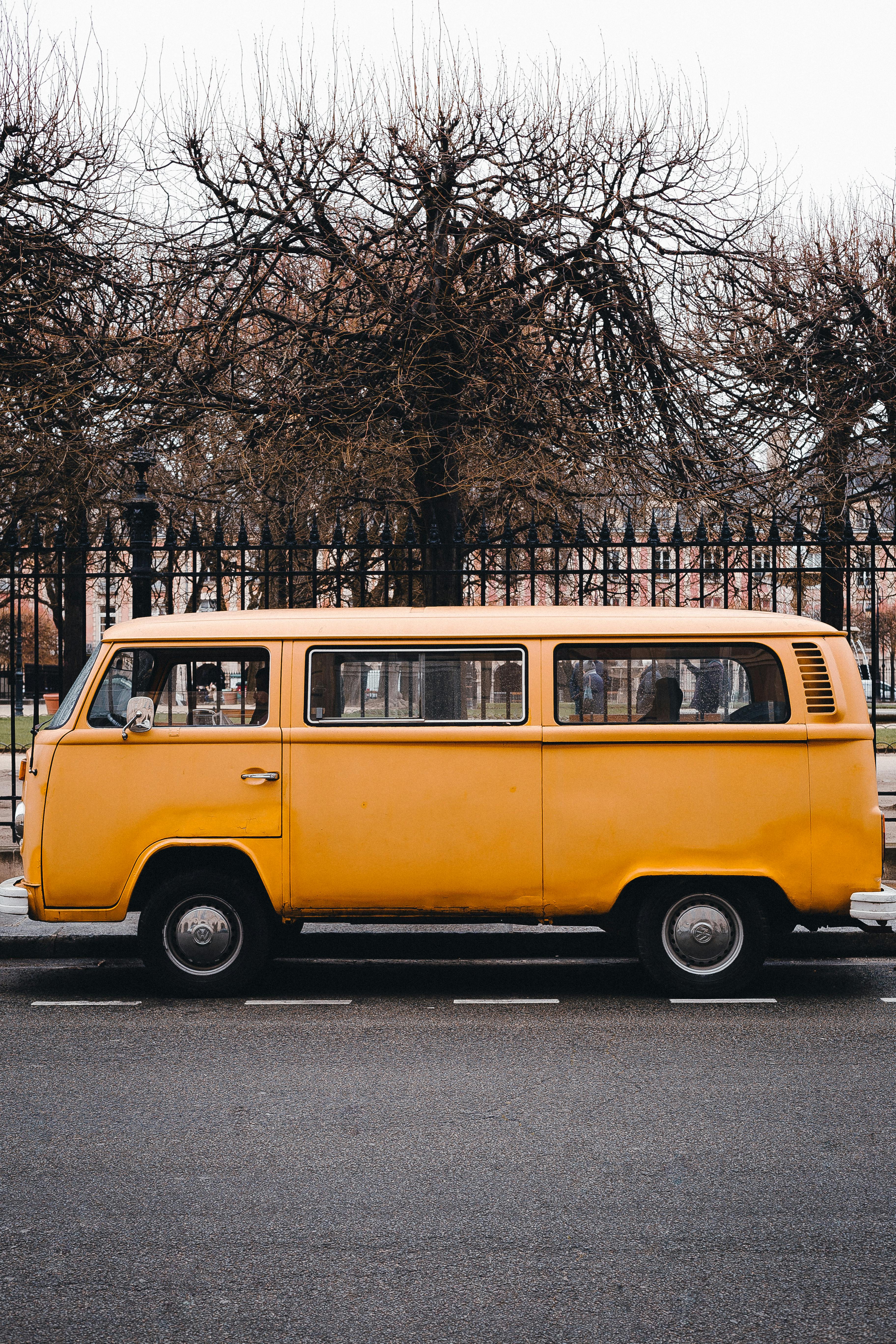 VW T2, VW Bulli, Gelb, Seitenansicht, Kahle Bäume, QHD+, Handy-Hintergrund im Hochformat