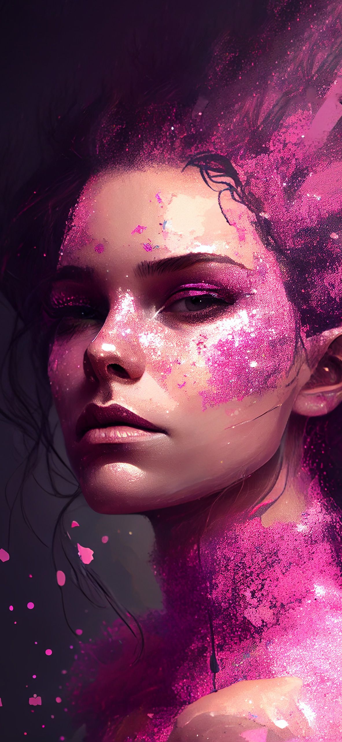 Frau, Pinker Glitzer, Digitale Kunst, Porträt, Magenta, Full HD, Handy-Hintergrund im Hochformat