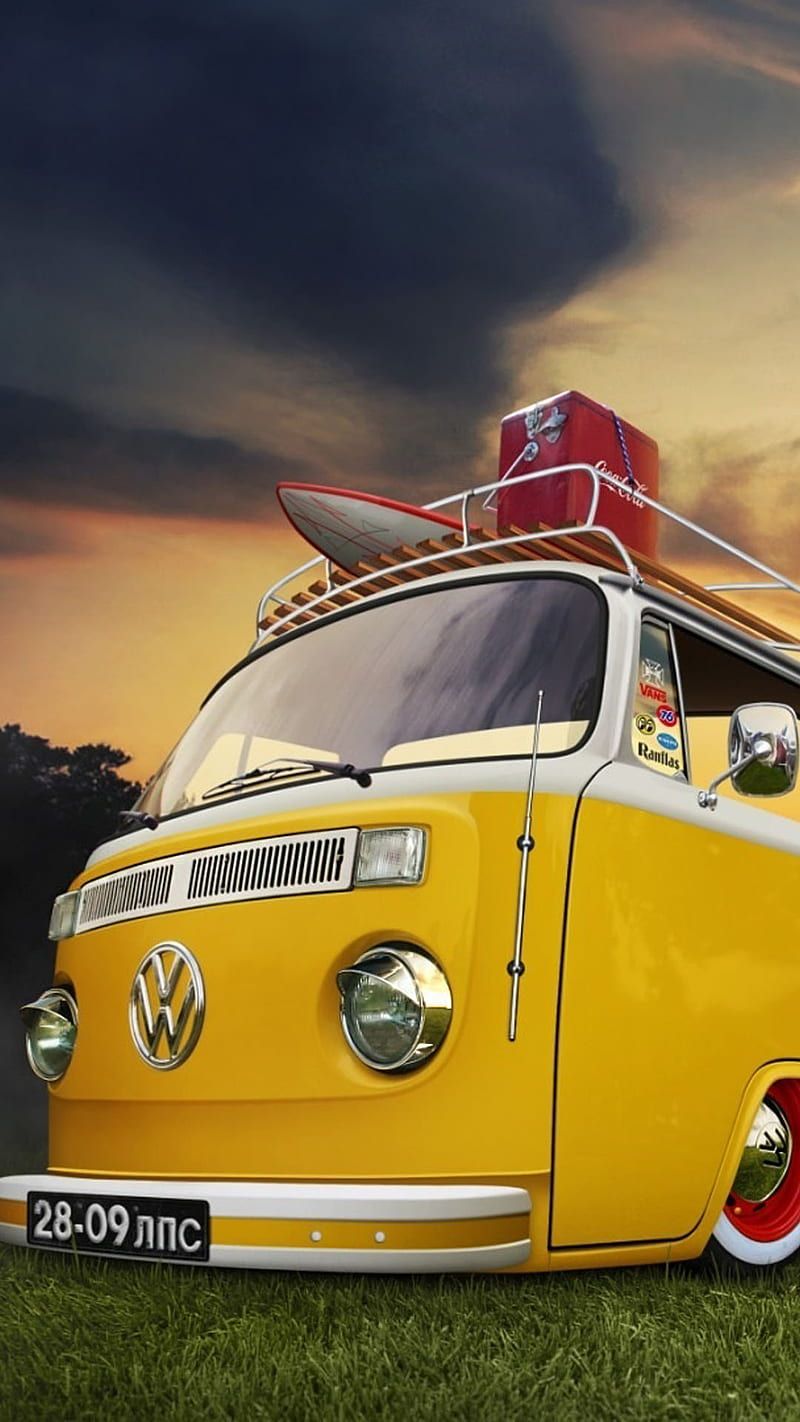 VW T2, VW Bulli, Gelb, Dachgepäck, Sonnenuntergang, HD, Sperrbildschirm fürs iPhone