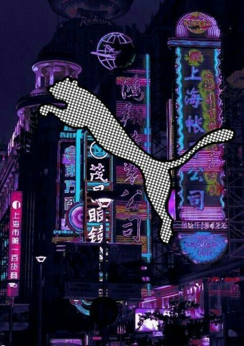 Puma, Logo, Neonstadt, Nacht, Cyberpunk, Hintergrundbild für iPad und Tablet