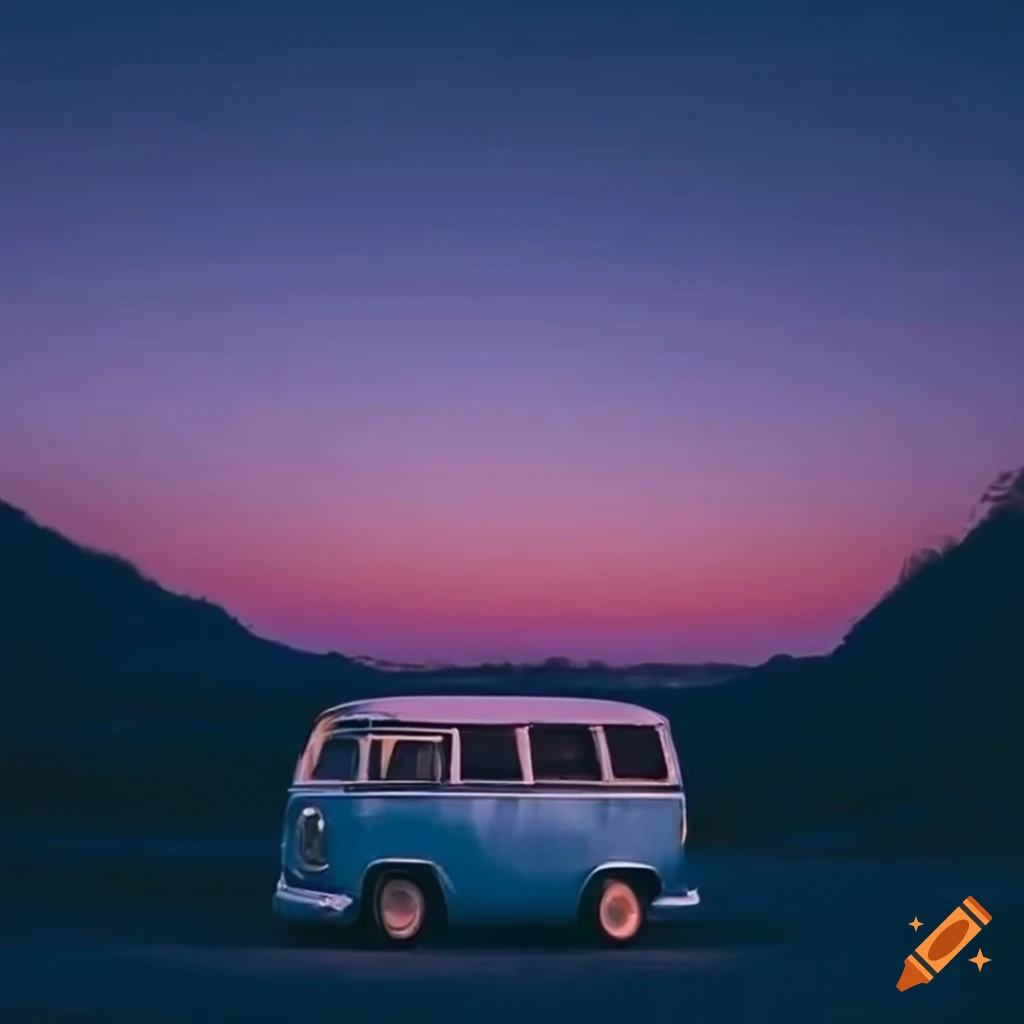 VW T2, VW Bulli, Illustration, Berge, Dämmerung, Blau, Hintergrundbild für iPad und Tablet