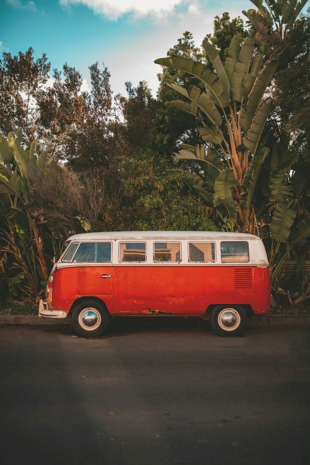 VW T1, VW Bulli, Rot-Weiß, Palmen, Straße, HD, iPad-Hintergrundbild