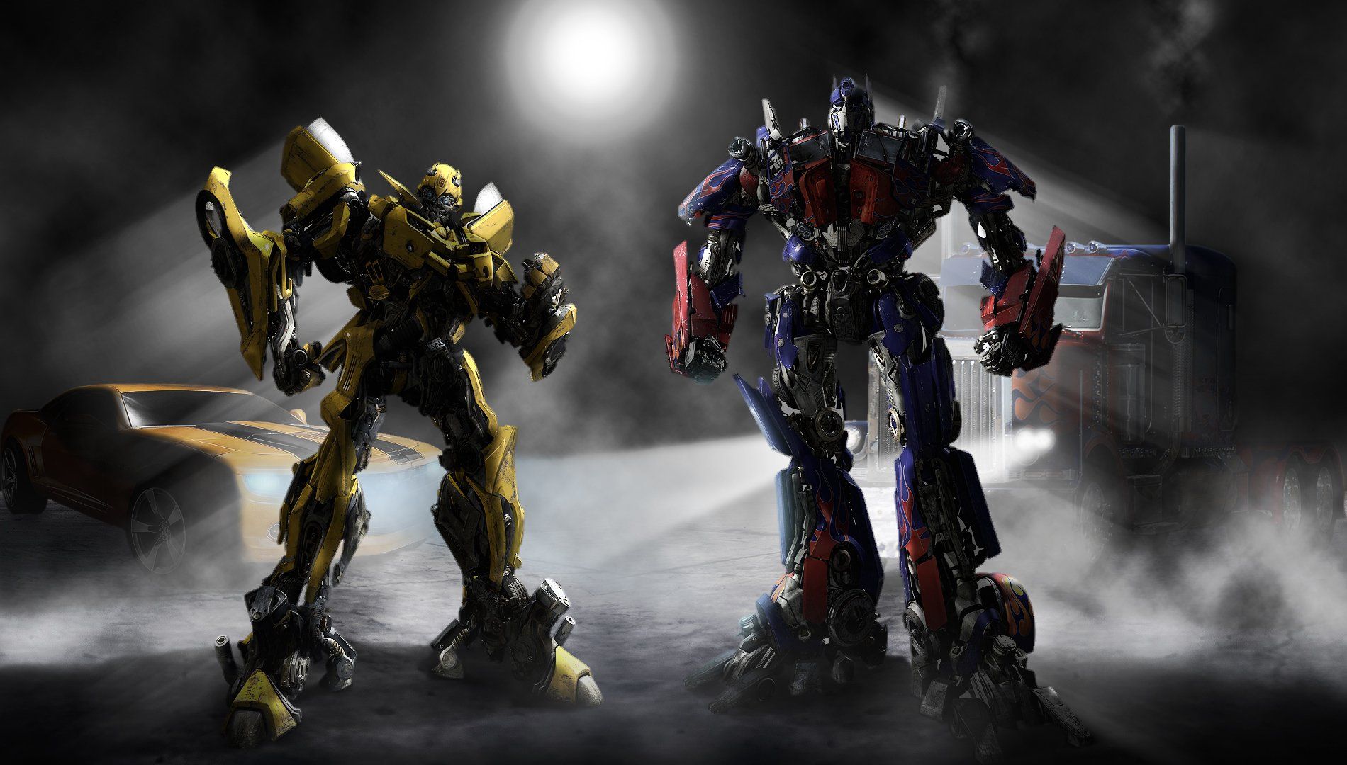 Bumblebee, Optimus Prime, Transformers, Nebel, Nacht, HD, Desktop-Hintergrund für Windows