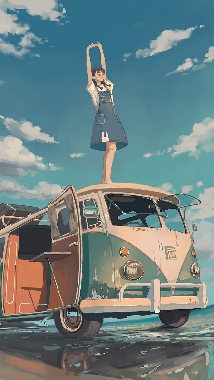 VW T1, VW Bulli, Mädchen, Illustration, Wolken, Wasser, Hochformat, Hintergrundbild fürs Smartphone