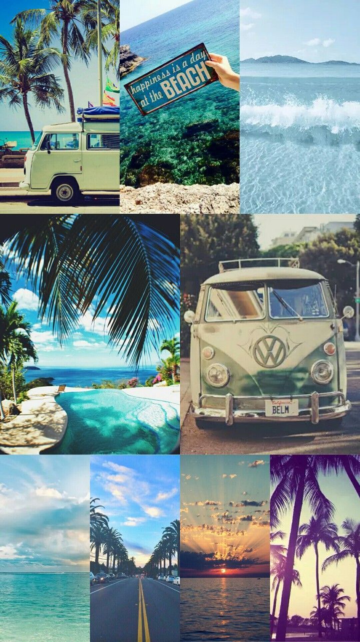 VW T2, Collage, Strand, Palmen, Sommer, Hochformat, Hintergrundbild fürs Smartphone