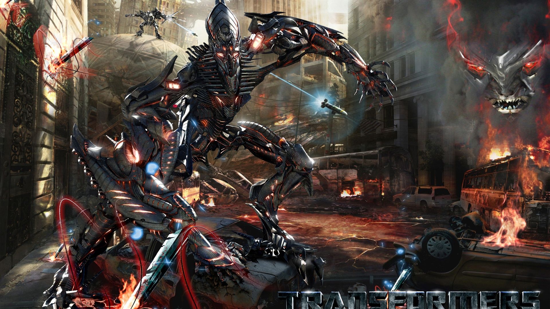 Transformers, Decepticons, Zerstörte Stadt, Kampf, Feuer, 1920x1080, PC-Hintergrundbild