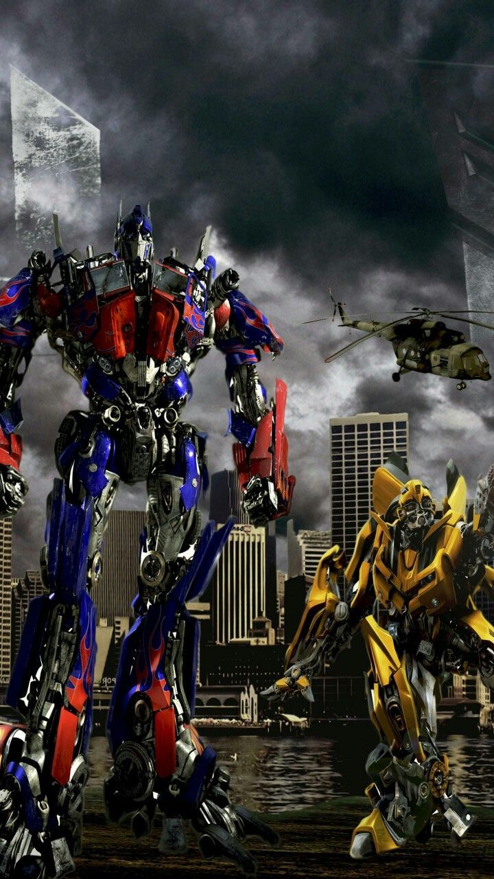 Optimus Prime, Bumblebee, Transformers, Stadt, Roboter, Hintergrundbild für iPhone und Android