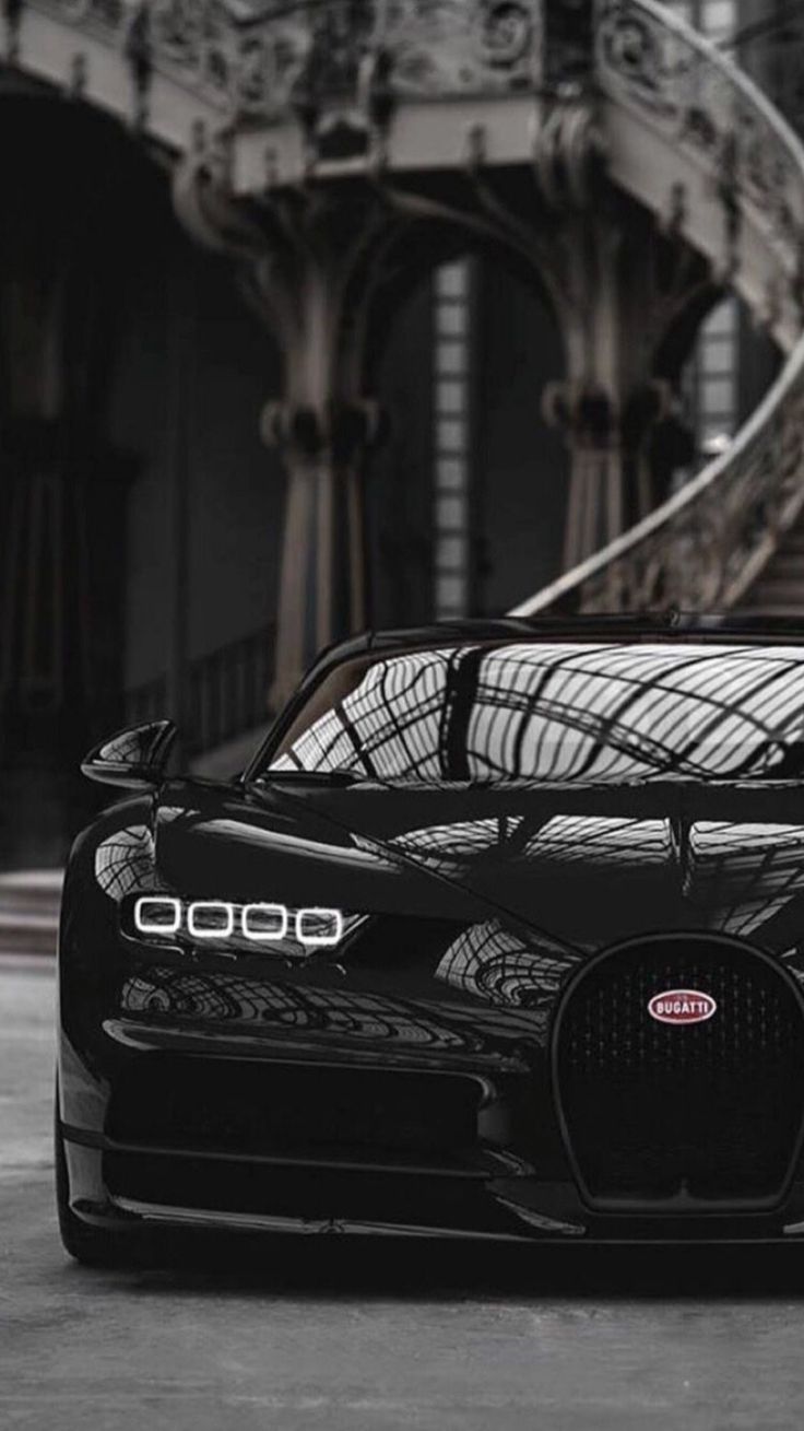 Bugatti Chiron, Schwarzweiß, Schwarzes Auto, Architektur, Frontansicht, HD, Handy-Hintergrundbild