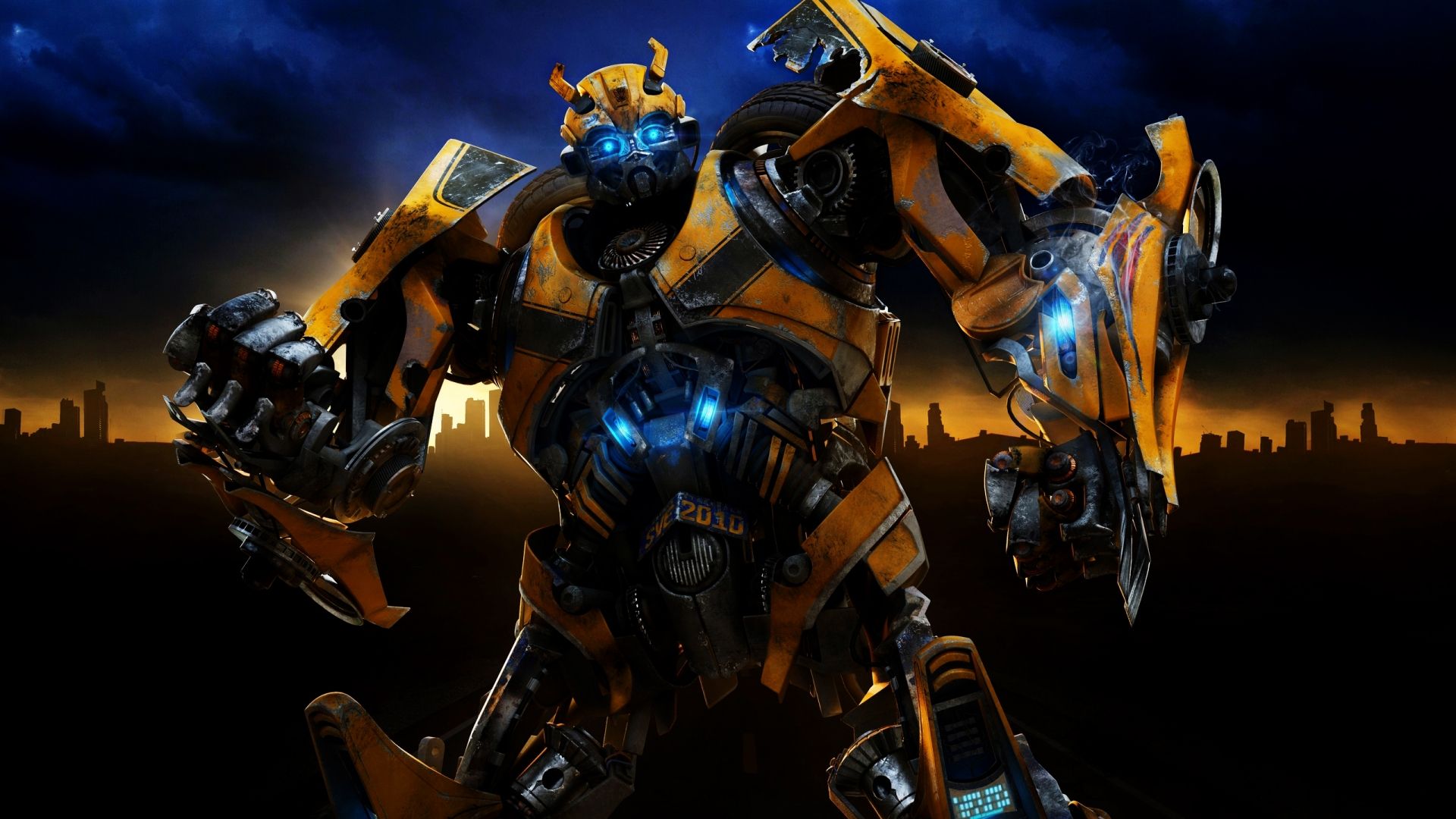 Bumblebee, Transformers, Skyline, Dämmerung, Leuchtende Augen, Full HD, Laptop-Hintergrundbild
