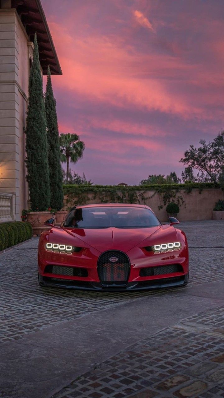 Bugatti Chiron, Rotes Auto, Abendhimmel, Villa, Kopfsteinpflaster, HD, iPhone-Hintergrundbild