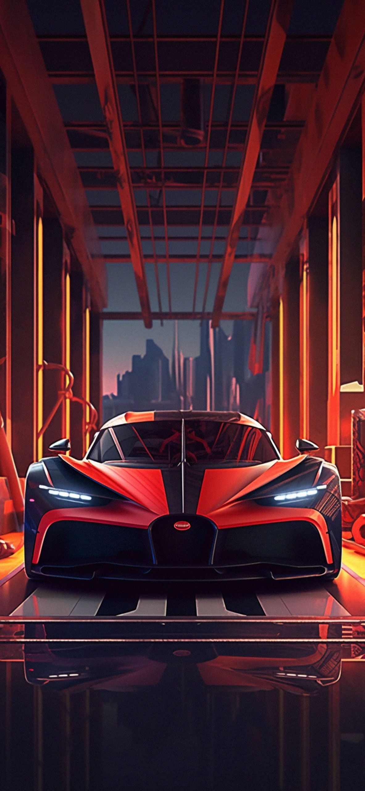 Bugatti Chiron, Rotes Auto, Neonlicht, Tunnel, Spiegelung, Full HD, Handy-Hintergrundbild