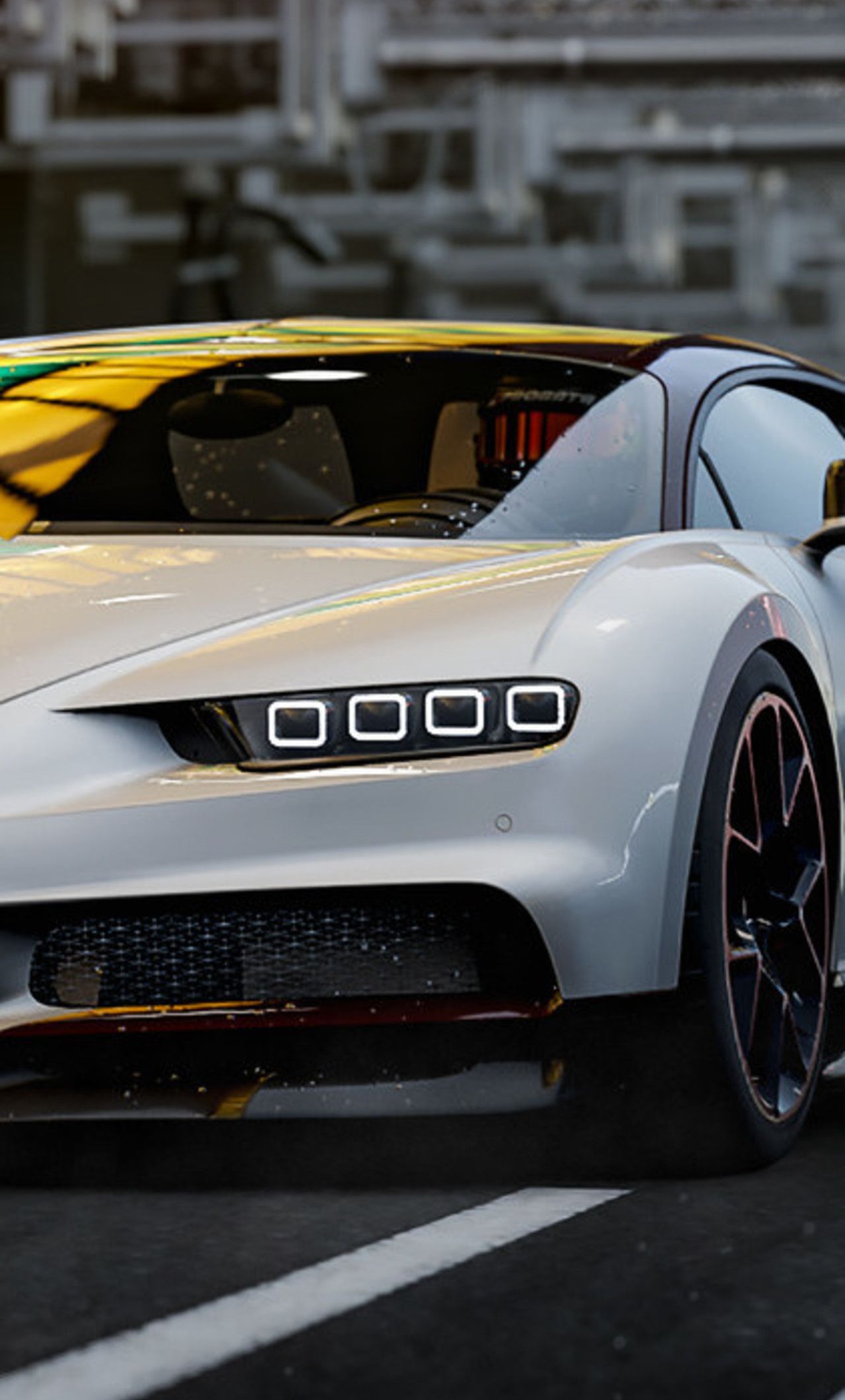 Bugatti Chiron, Weißes Auto, Scheinwerfer, Nahaufnahme, Stadt, Android-Hintergrundbild