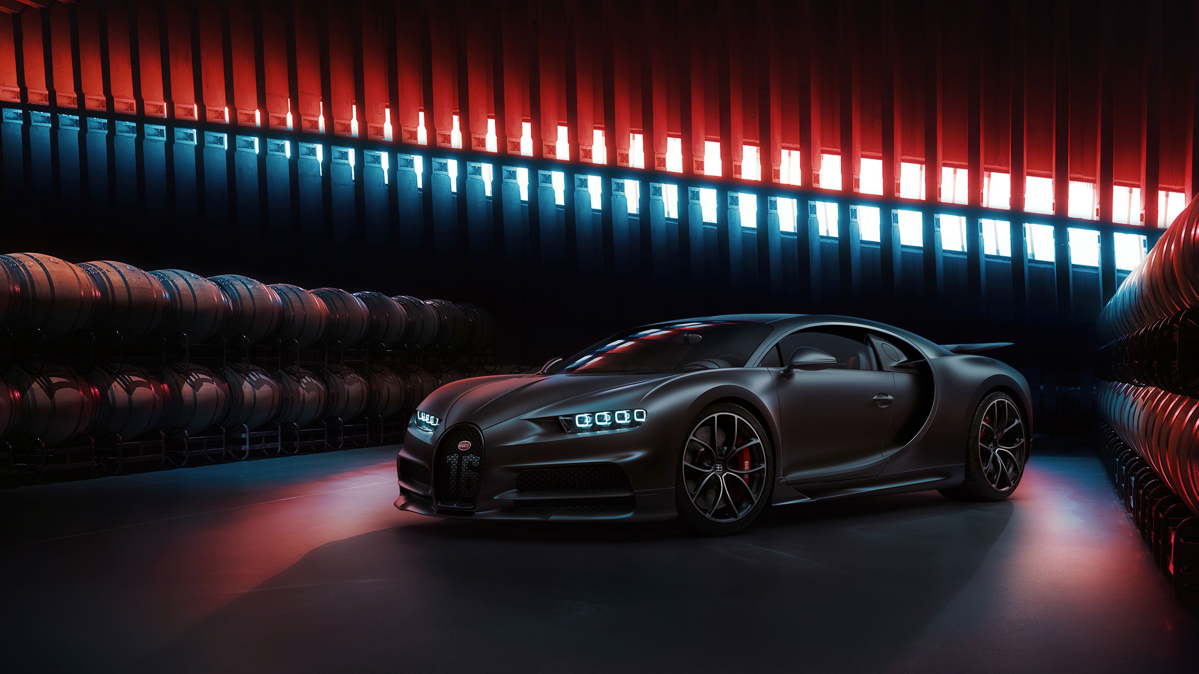 Bugatti Chiron, Schwarzes Auto, Neonlicht, Reifenstapel, Rote Töne, 4K, Breitbild-Hintergrundbild