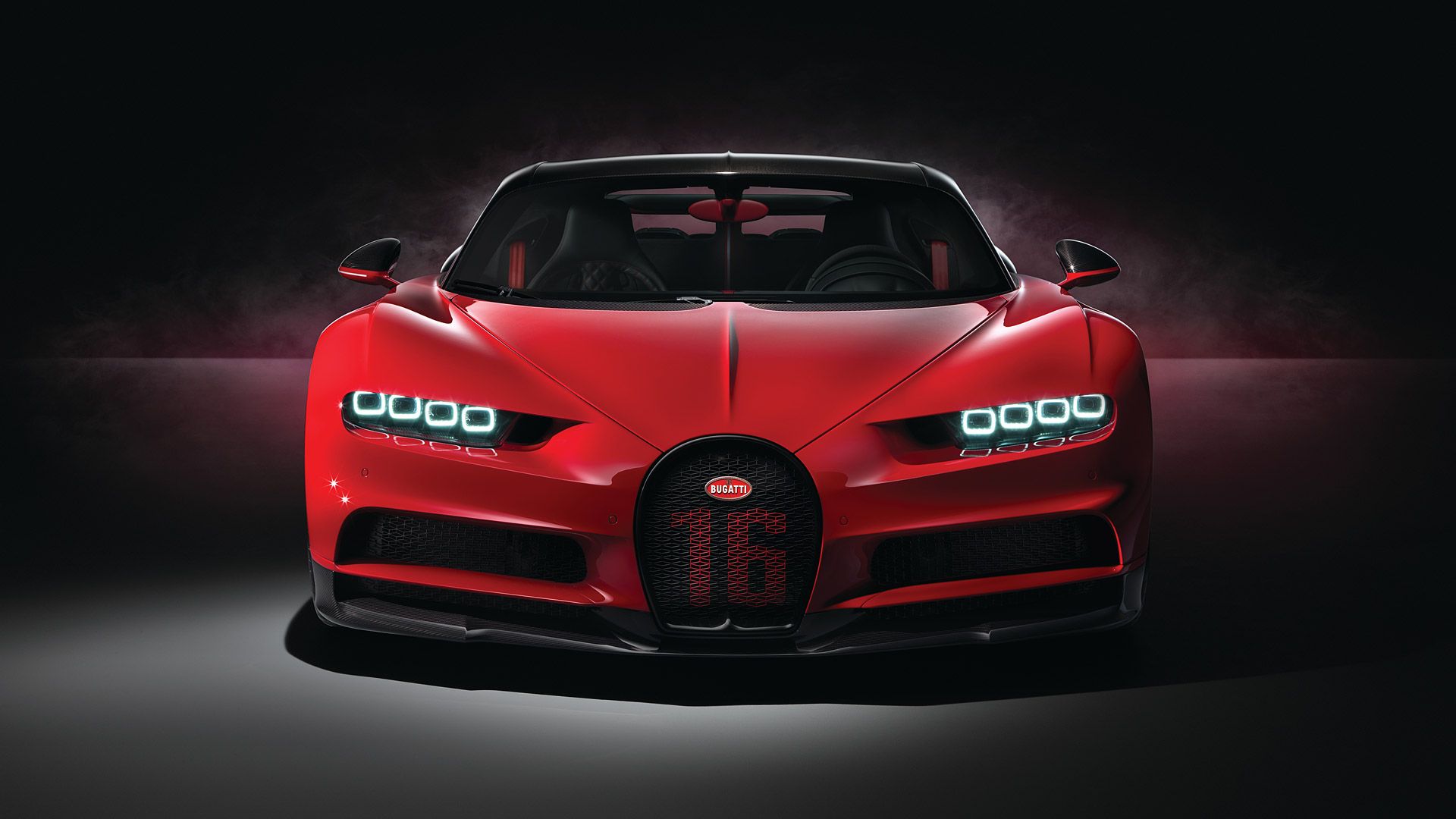 Bugatti Chiron, Rotes Auto, Frontansicht, Dunkler Hintergrund, Studio, Full HD Wallpaper