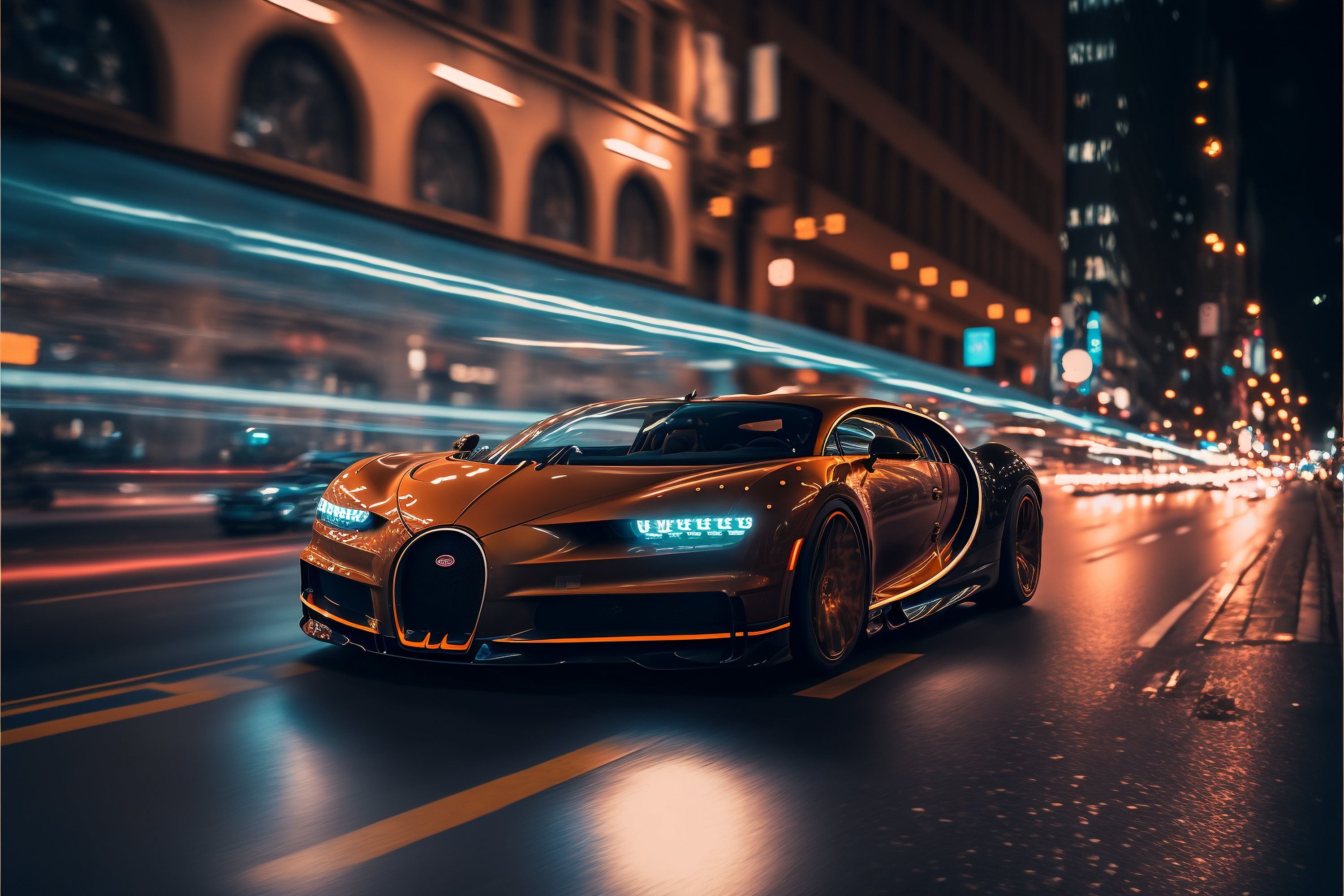 Bugatti Chiron, Stadt, Nacht, Lichtspuren, Orangefarbenes Auto, 2K-Hintergrundbild für PC
