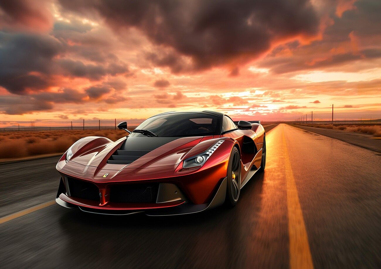 Ferrari LaFerrari, Sonnenuntergang, Straße, Dramatischer Himmel, Rot, HD, Laptop-Hintergrundbild