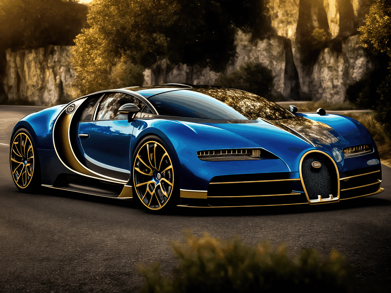 Bugatti Chiron, Blau-gold, Sonderedition, Felsen, Luxus, Hintergrundbild fürs iPad