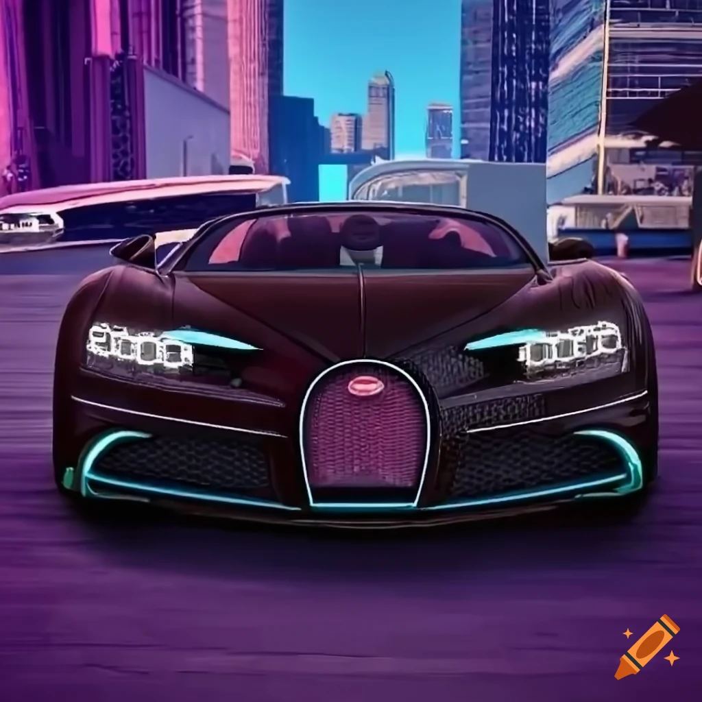 Bugatti Chiron, Digitale Kunst, Neonlicht, Stadt, Lila Töne, Hintergrundbild fürs Tablet