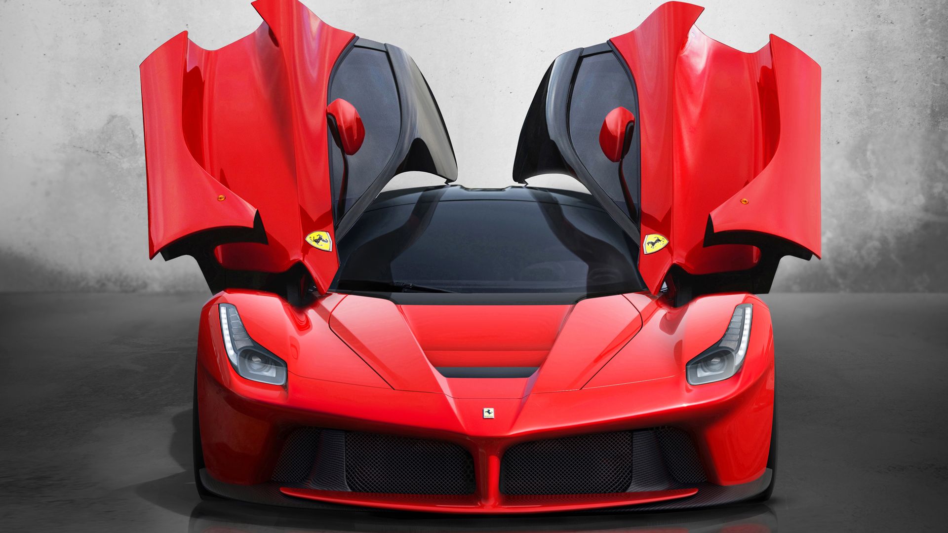 Ferrari LaFerrari, Flügeltüren, Frontansicht, Rot, Grauer Hintergrund, Full HD Wallpaper