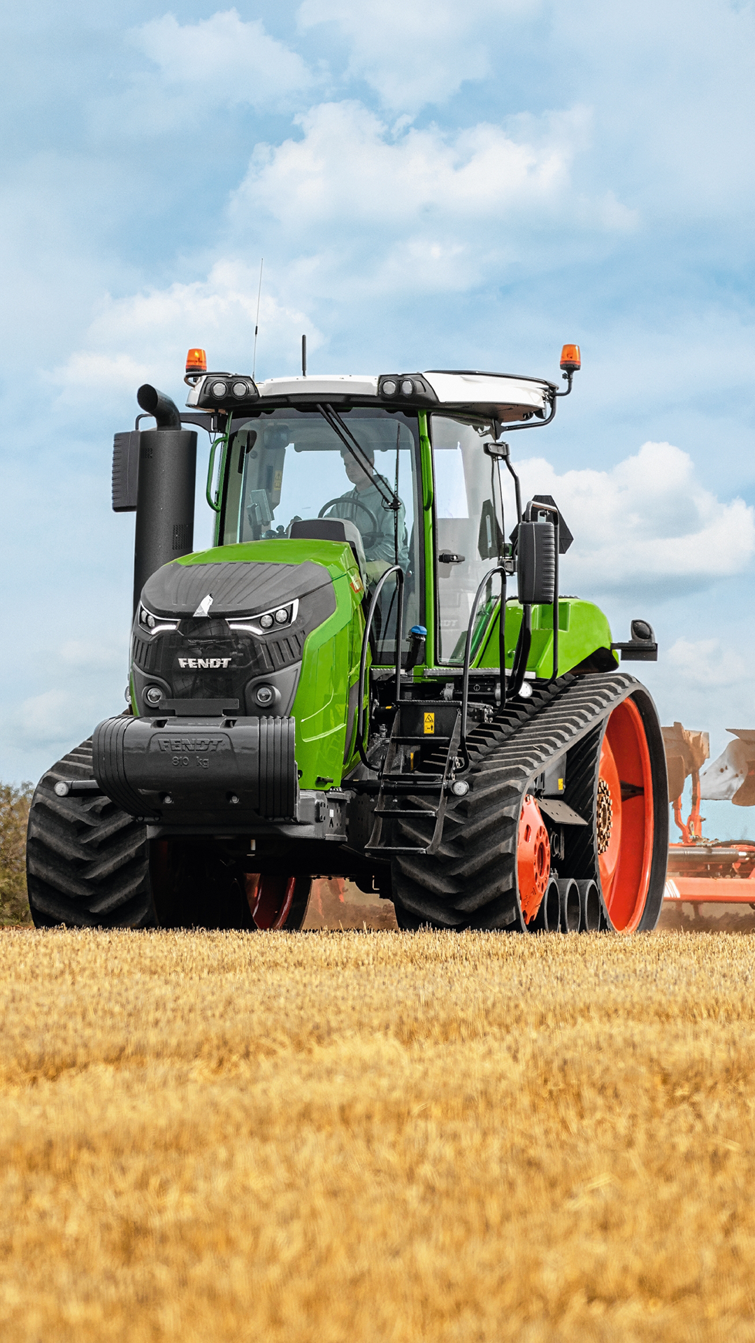 Fendt, Raupentraktor, Stoppelfeld, Wolken, Frontansicht, Full HD, Handy-Hintergrund