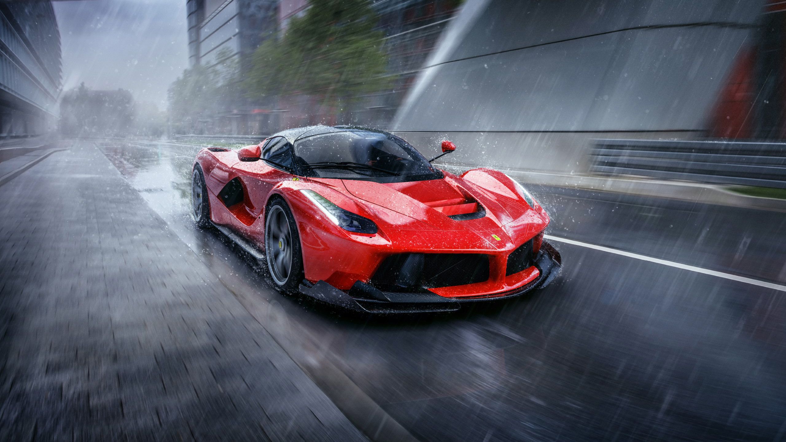 Ferrari LaFerrari, Regen, Bewegungsunschärfe, Stadt, Rot, 2K, Windows-Hintergrundbild