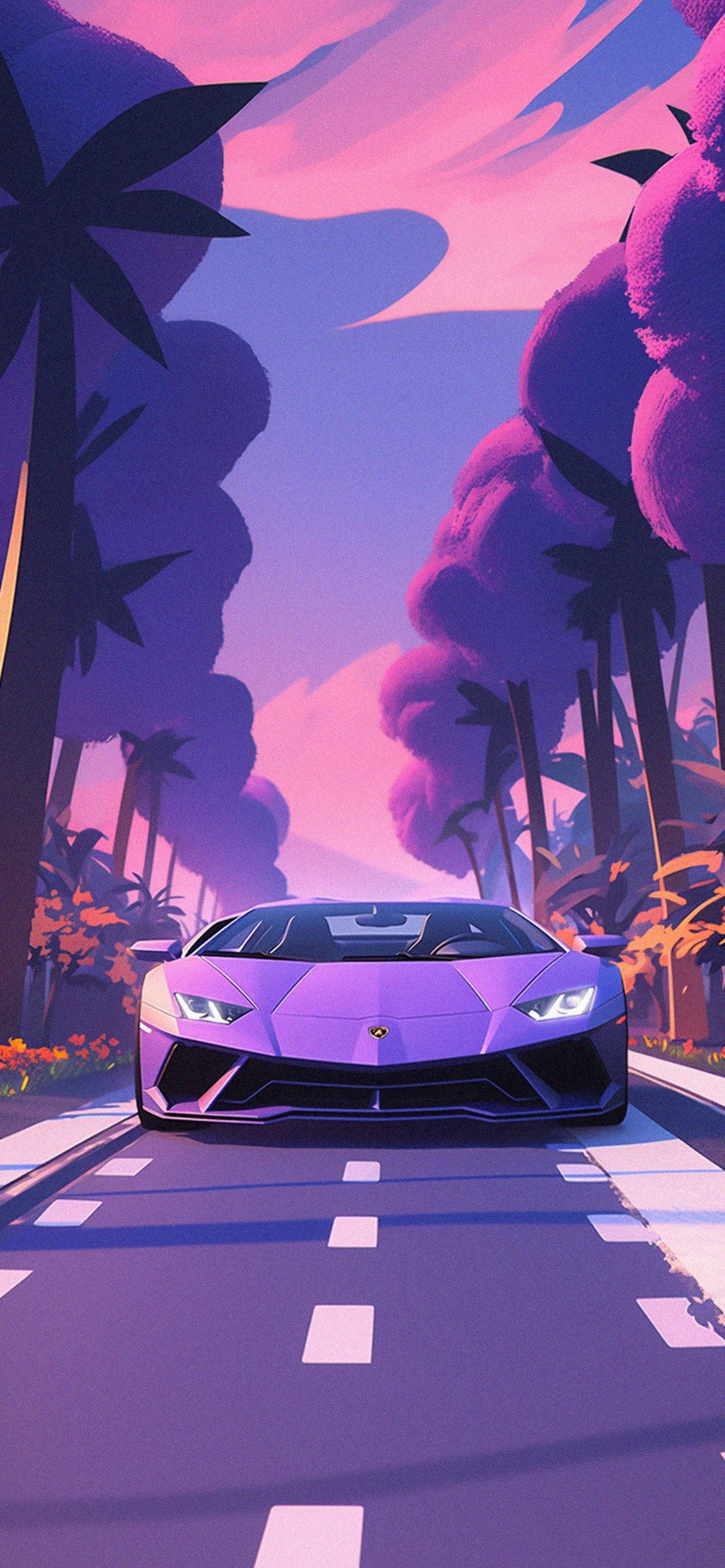 Lamborghini Aventador, Illustration, Lila, Straße, Synthwave, Hintergrundbild fürs Handy