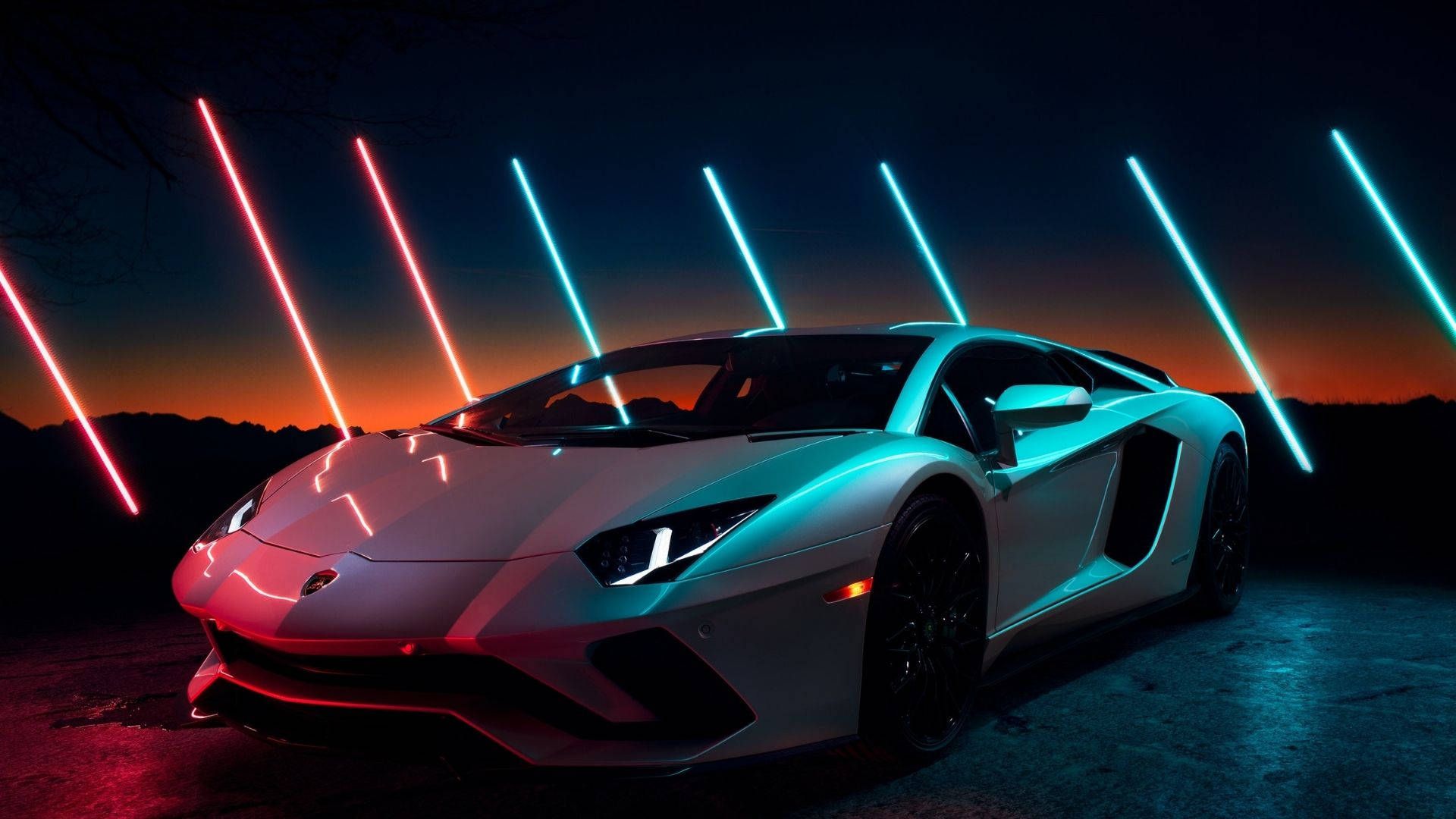 Lamborghini Aventador, Neonröhren, Türkis und Pink, Nacht, Sportwagen, Full HD, Laptop-Hintergrundbild