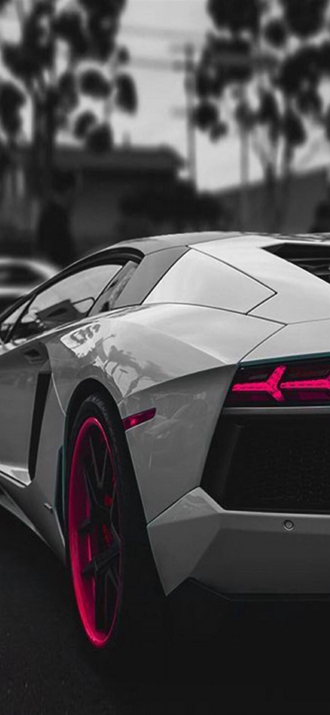 Lamborghini Aventador, Schwarzweiß, Pinke Felgen, Farbakzent, Detail, Full HD, Handy-Hintergrund
