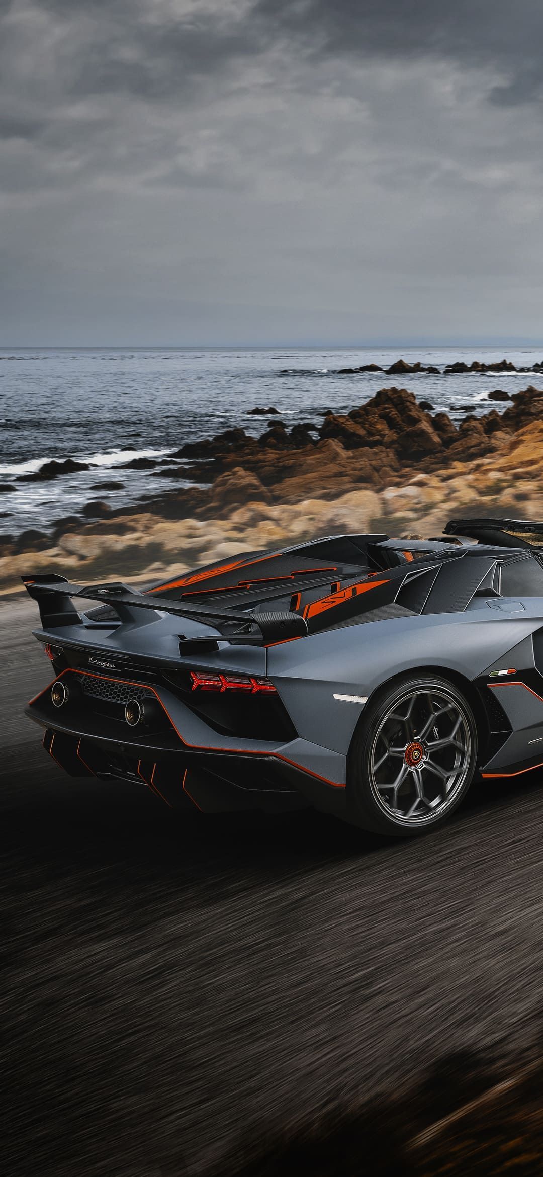 Lamborghini Aventador, Felsenküste, Grau, Luftaufnahme, Meer, Full HD, Handy-Hintergrundbild