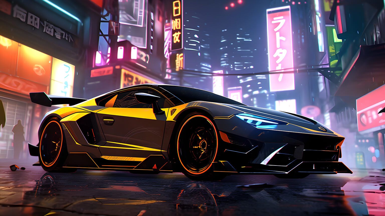Lamborghini Aventador, Cyberpunk, Neonstadt, Nacht, Schwarz und Gold, HD, PC-Hintergrundbild