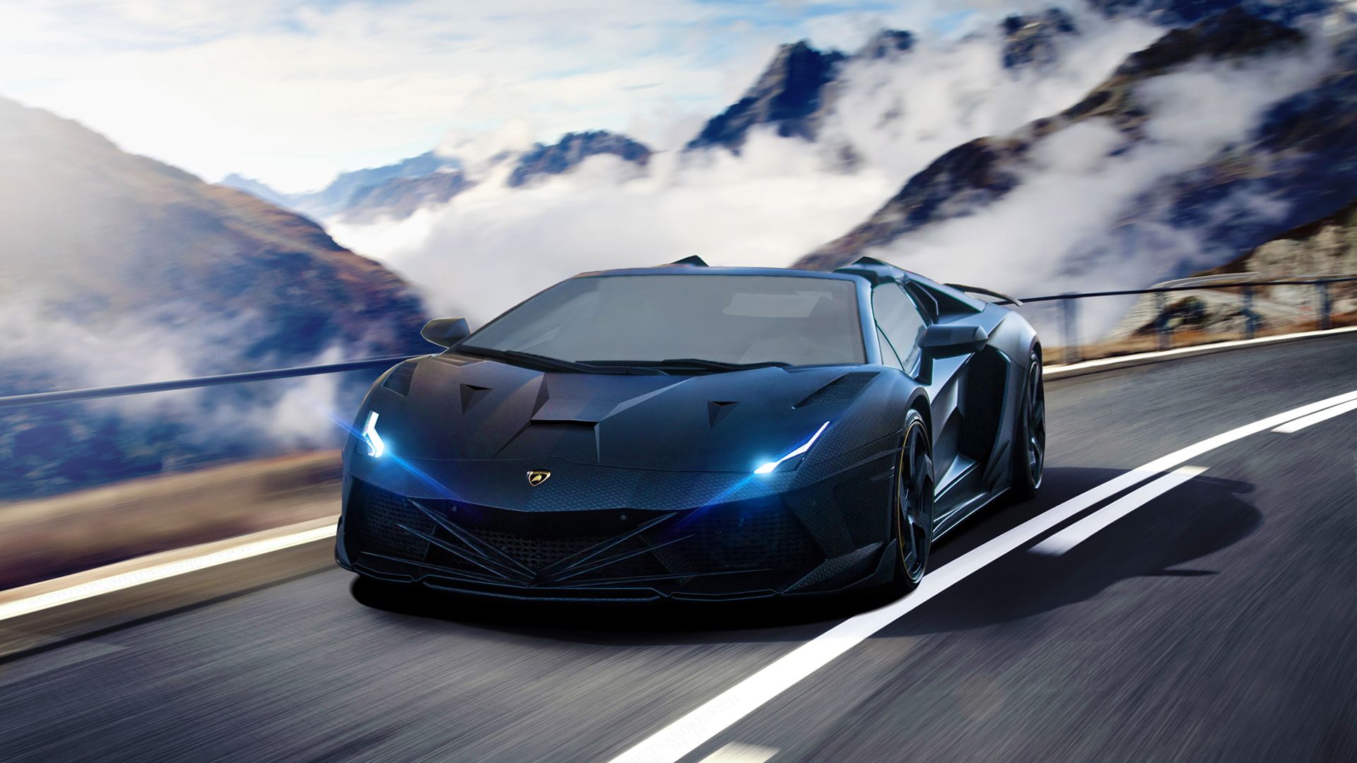 Lamborghini Aventador, Bergstraße, Wolken, Bewegungsunschärfe, Blaue Scheinwerfer, Full-HD-Hintergrundbild