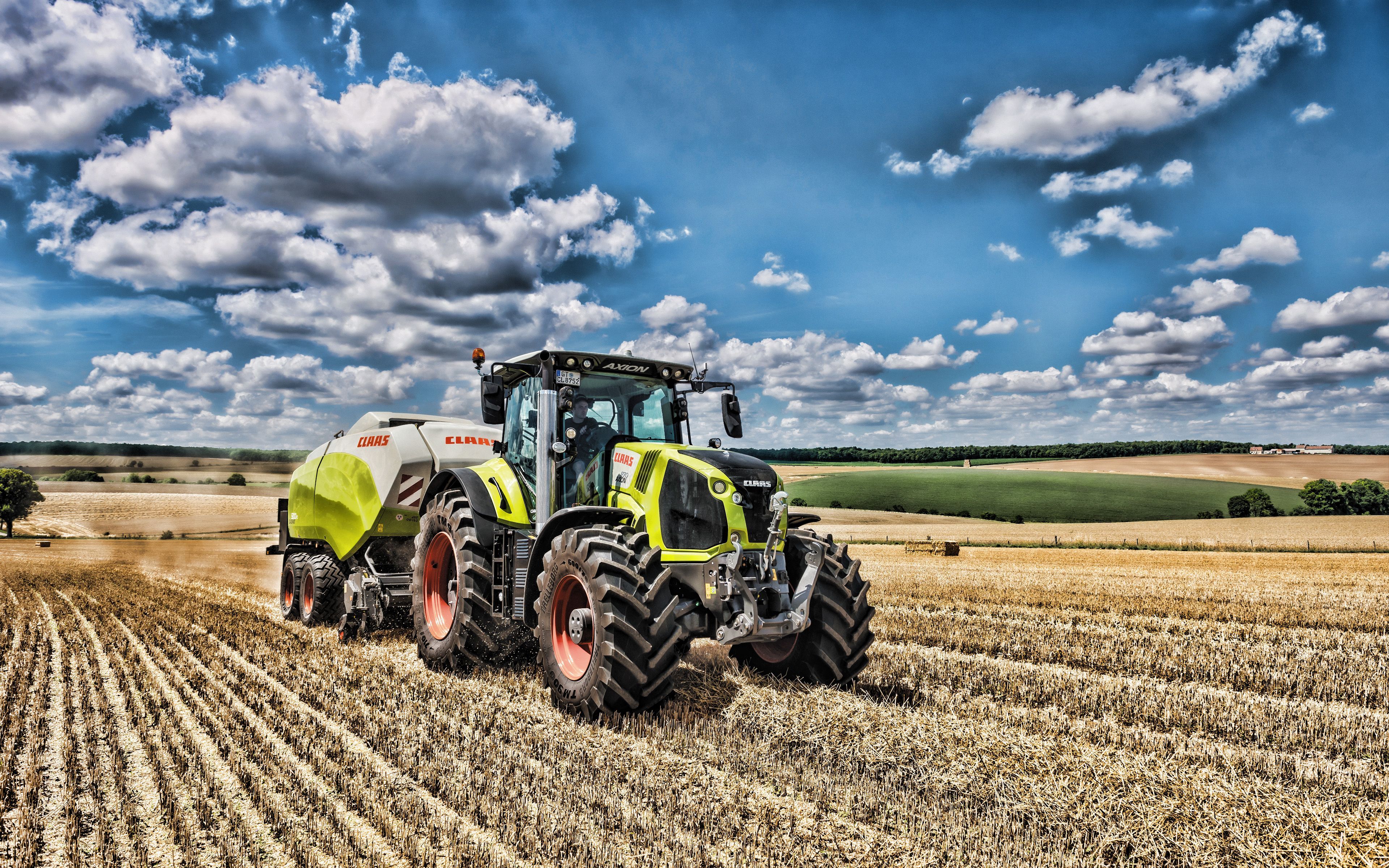 Claas, Traktor, Ballenpresse, Stoppelfeld, Wolken, Sommer, 4K-Hintergrundbild für PC