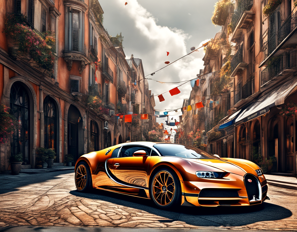 Bugatti Chiron, Orangefarbenes Auto, Altstadtgasse, Kopfsteinpflaster, Digitale Kunst, Hintergrund