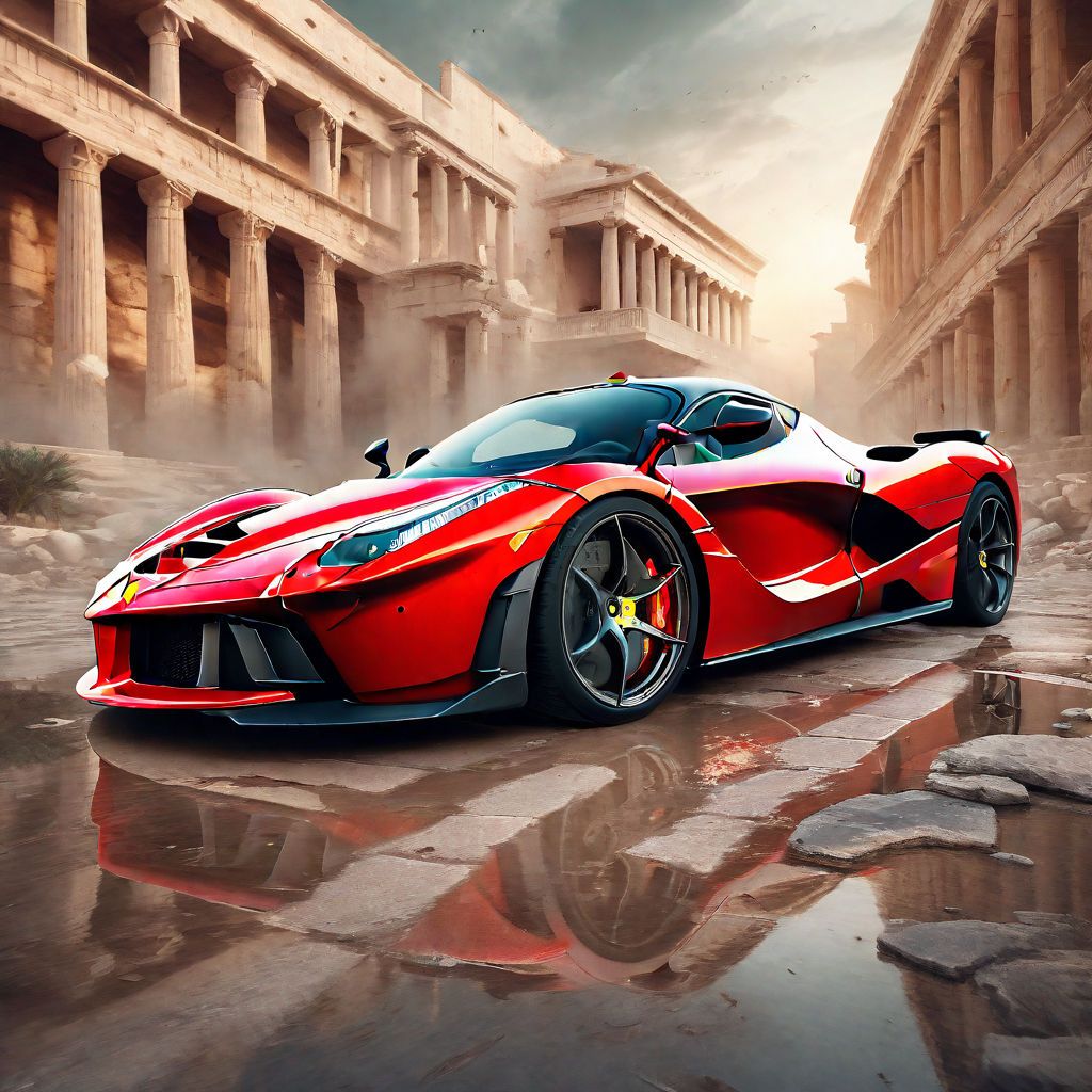 Ferrari LaFerrari, Antike Ruinen, Säulen, Digitale Kunst, Rot, Hintergrundbild fürs iPad