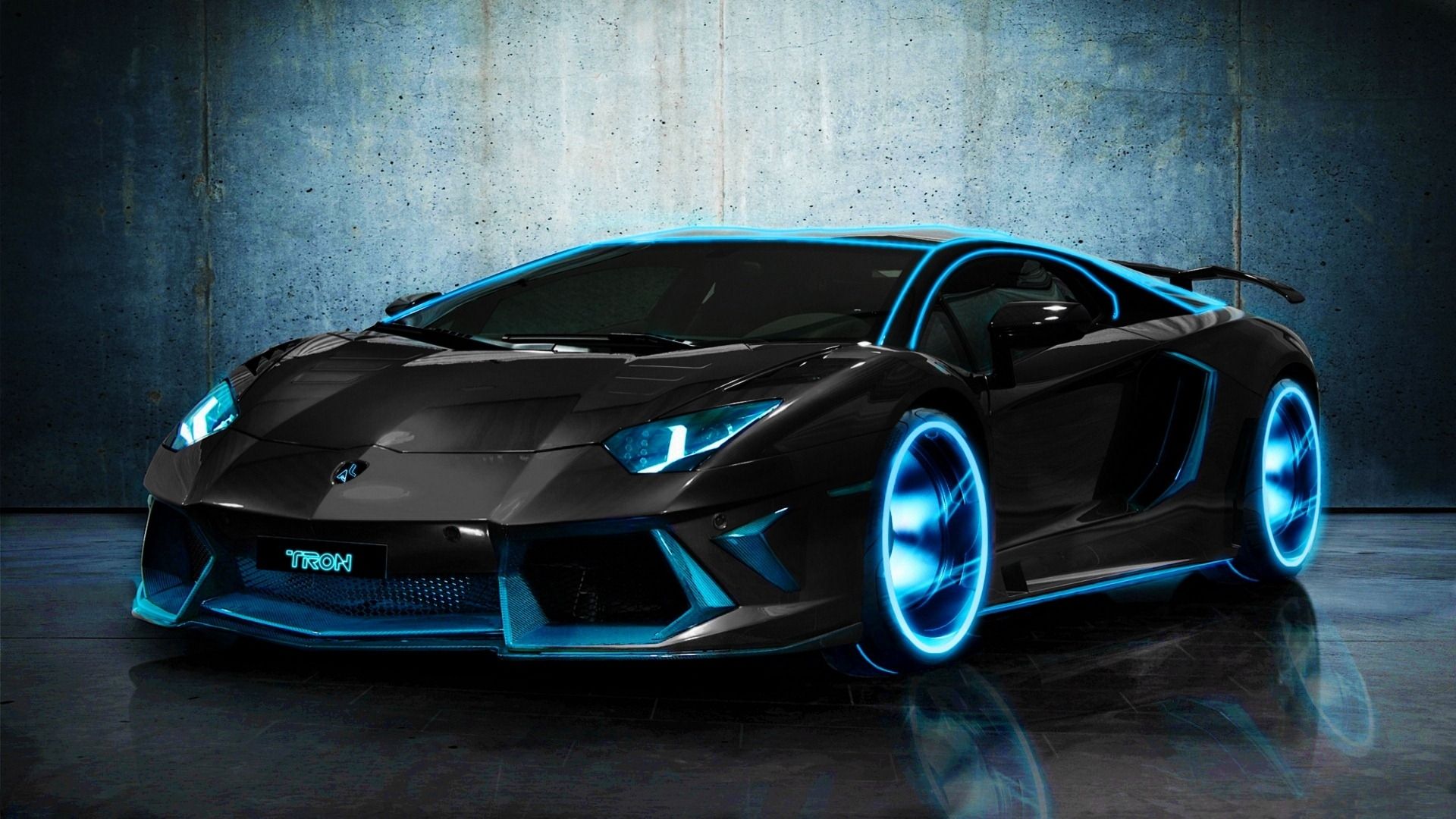Lamborghini Aventador, Neonblau, Tuning, Leuchtende Felgen, Betonwand, 1920x1080, PC-Hintergrundbild