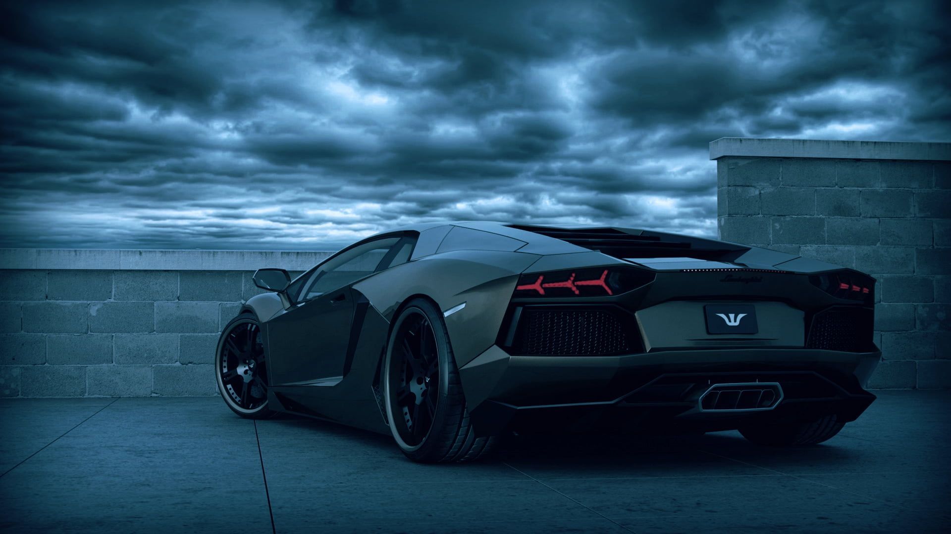 Lamborghini Aventador, Heckansicht, Gewitterwolken, Dunkelblau, Mattschwarz, Full-HD-Hintergrund