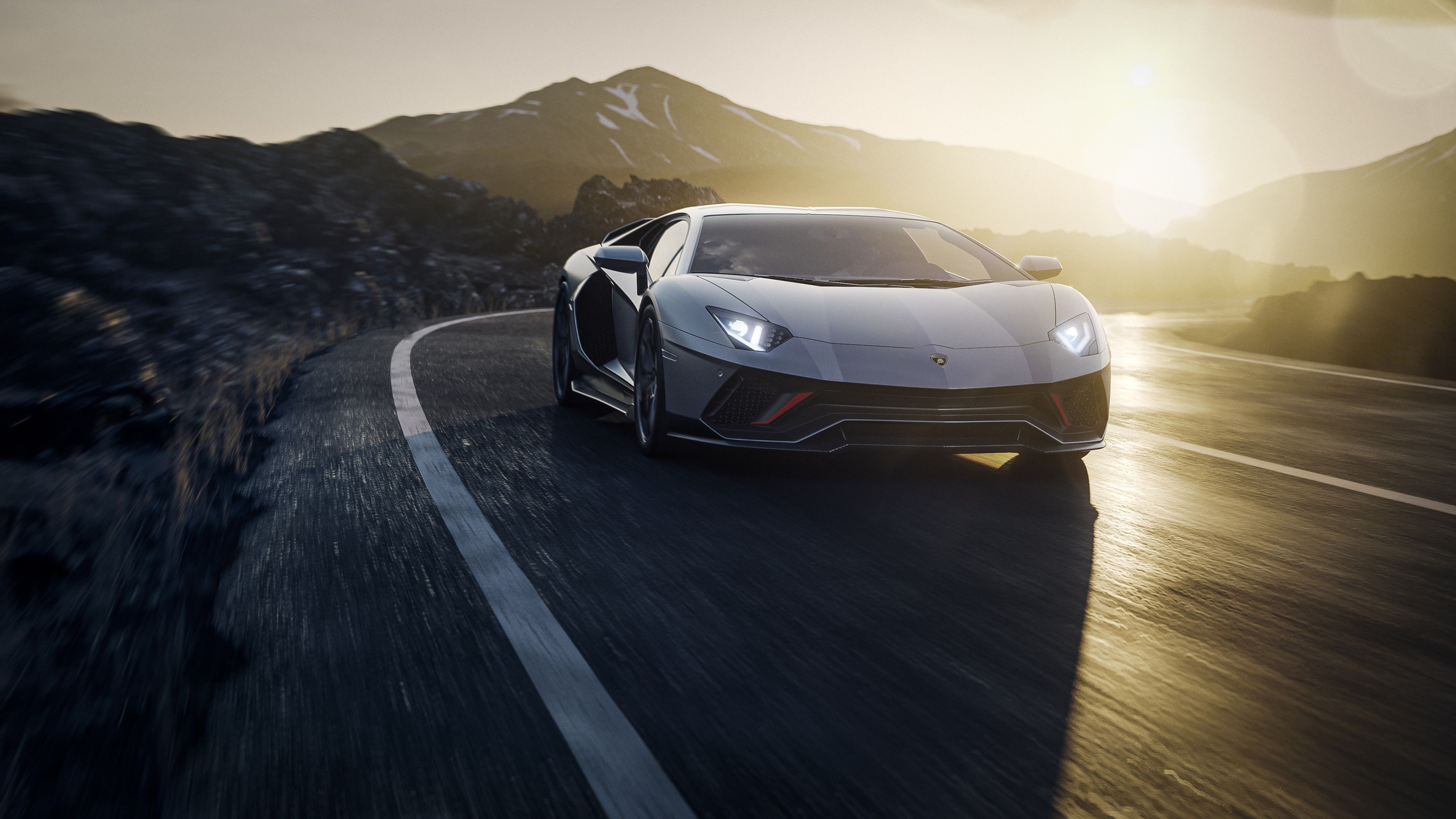 Lamborghini Aventador, Bergstraße, Gegenlicht, Bewegungsunschärfe, Silber, 4K, Breitbild-Hintergrundbild