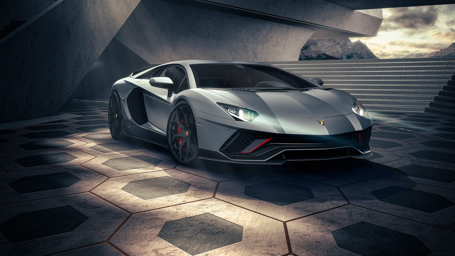 Lamborghini Aventador, Silber, Sechseckboden, Moderne Architektur, Sportwagen, 1080p-Hintergrundbild