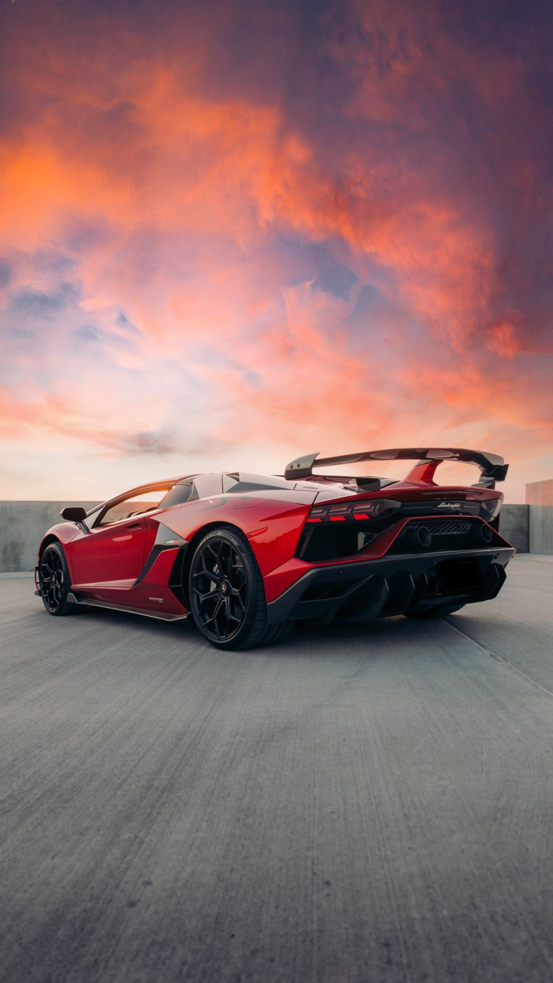 Lamborghini Aventador SVJ, Rot, Heckflügel, Sonnenuntergang, Hochformat, Hintergrundbild fürs Handy