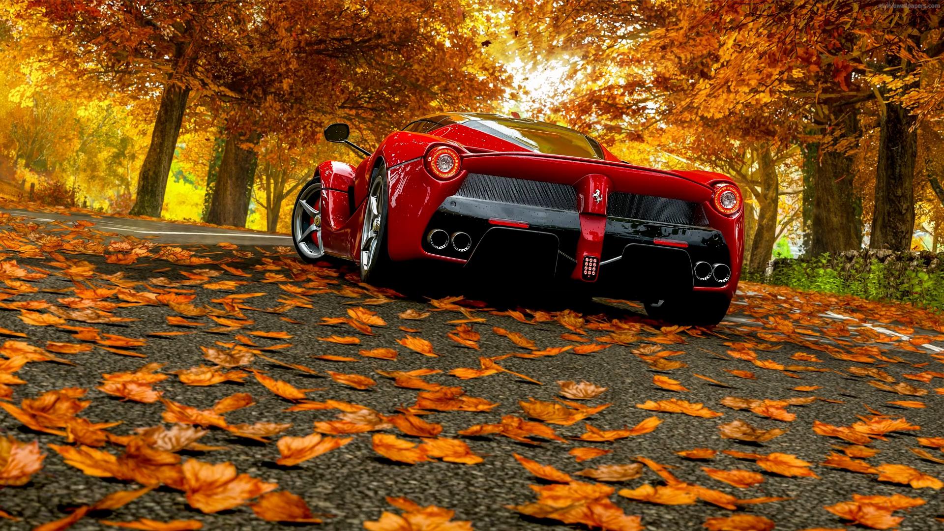 Ferrari LaFerrari, Herbst, Laub, Allee, Rot, Full HD 1080p, Desktop-Hintergrundbild