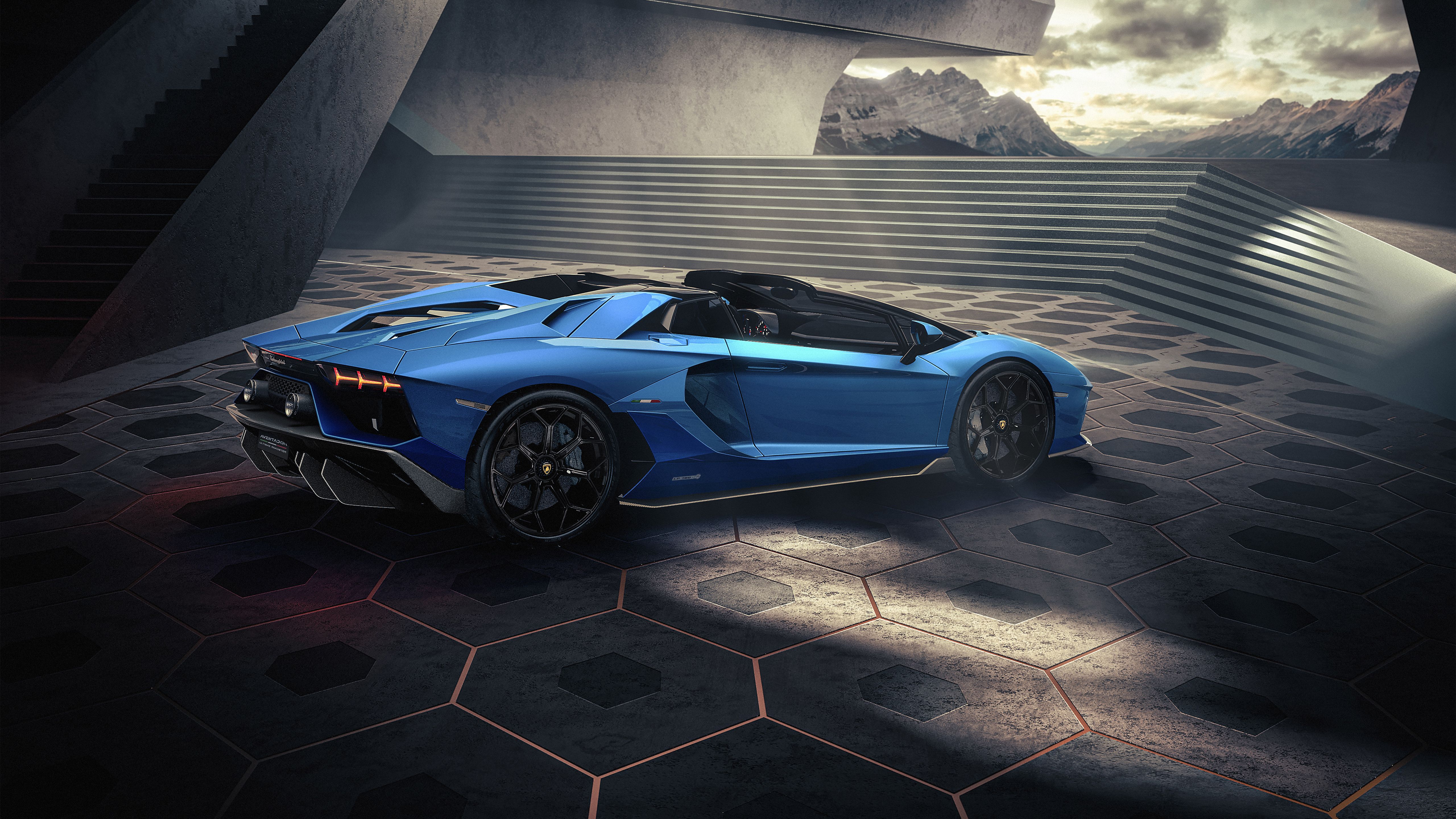 Lamborghini Aventador Roadster, Blau, Sechseckboden, Moderne Architektur, Offen, 5K-Hintergrundbild
