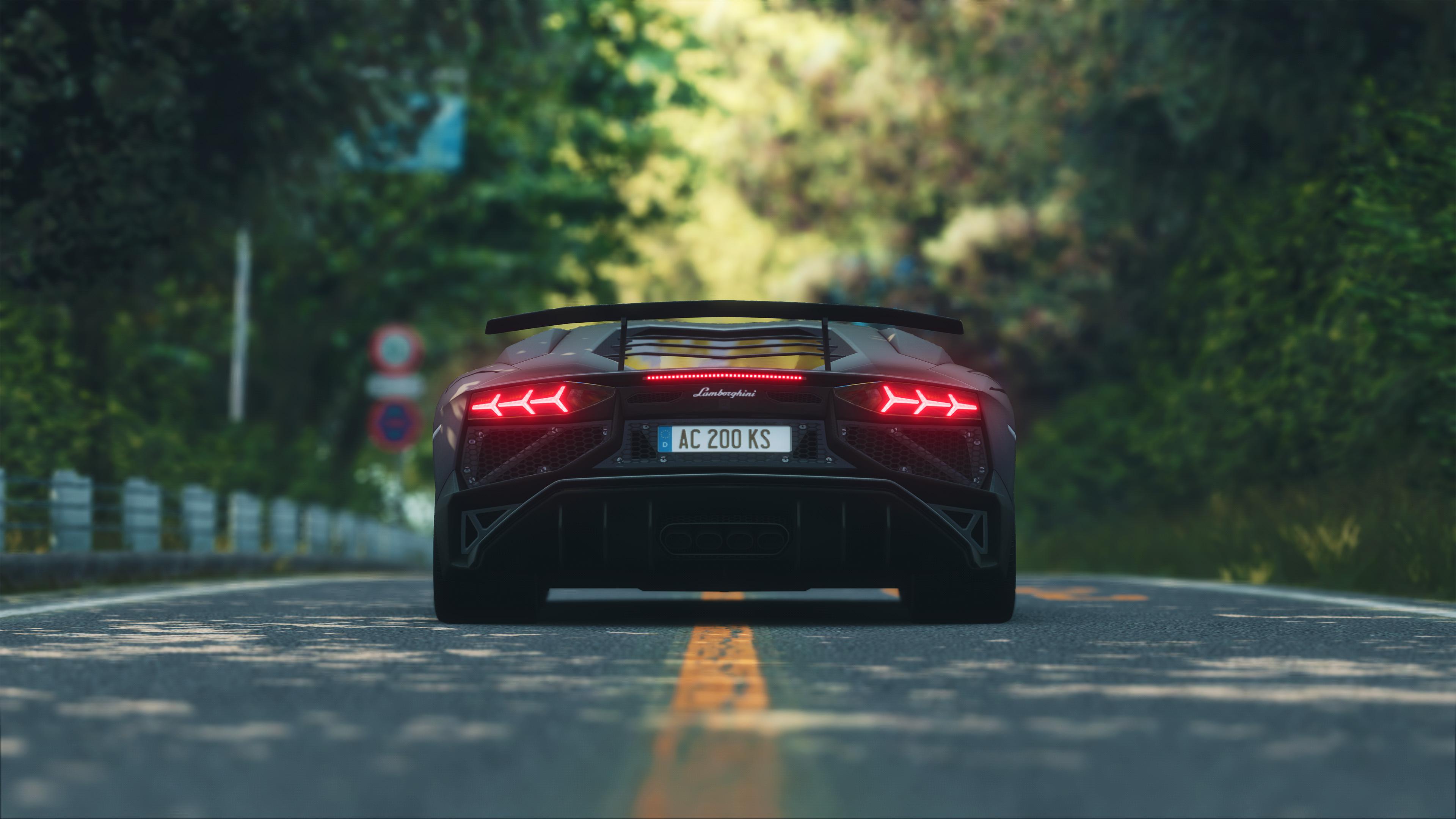 Lamborghini Aventador S, Heckansicht, Waldstraße, Rückleuchten, Bokeh, 4K, PC-Hintergrundbild