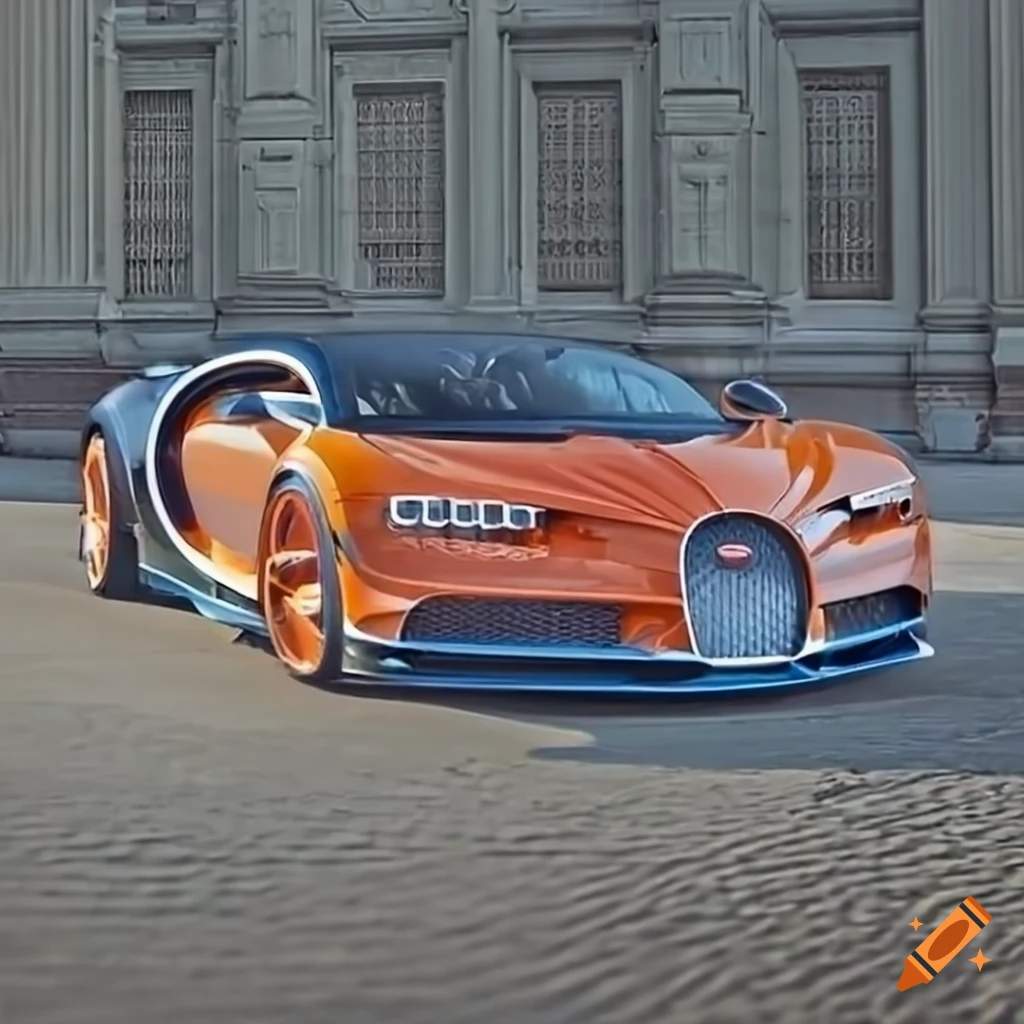Bugatti Chiron, Orange-blau, Digitale Kunst, Gebäude, Frontansicht, Hintergrundbild fürs iPad