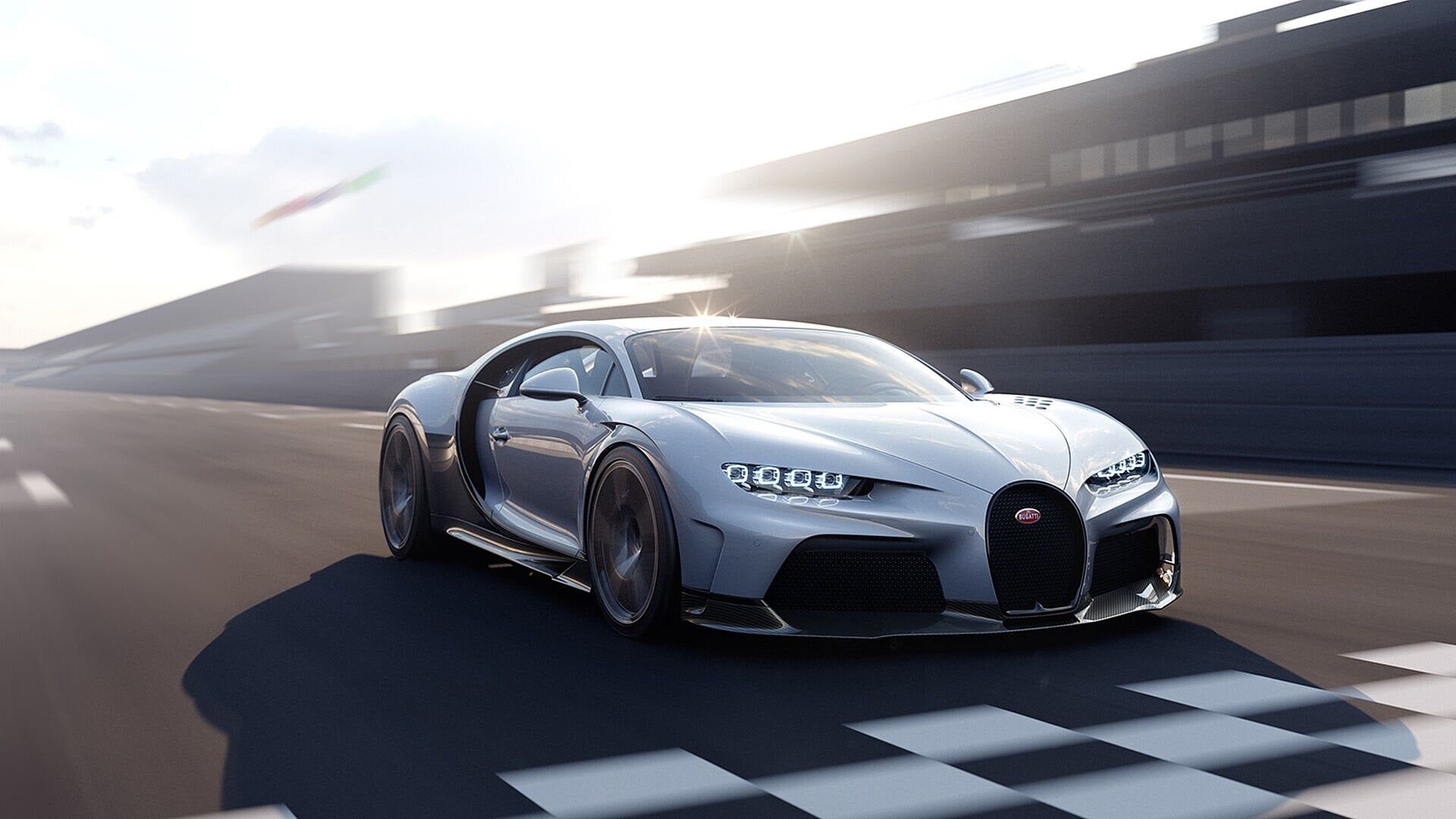 Bugatti Chiron Super Sport, Rennstrecke, Zielflagge, Fahrt, Gegenlicht, Full HD, Laptop-Hintergrundbild