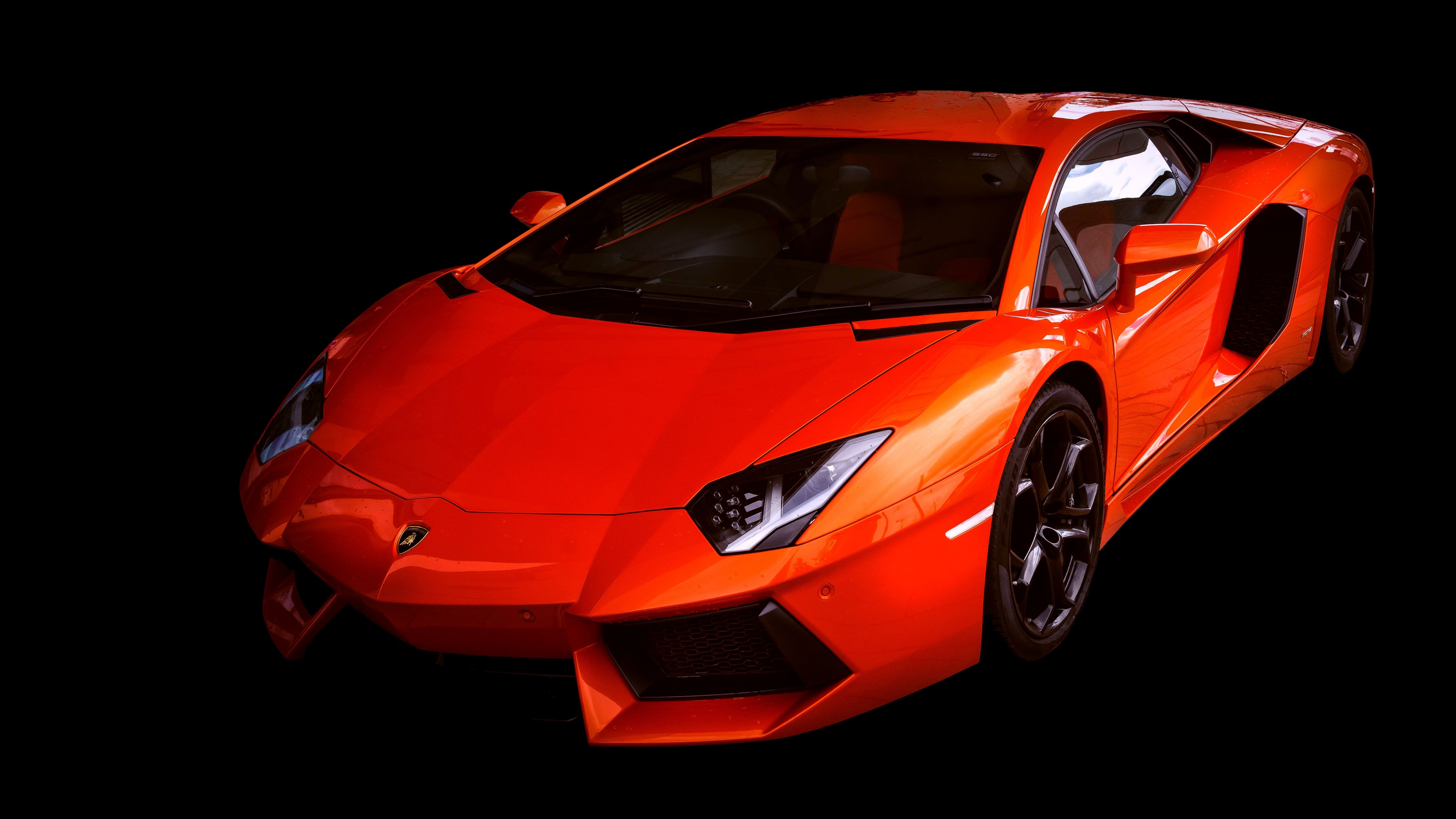 Lamborghini Aventador, Orange, Schwarzer Hintergrund, Studio, Supersportwagen, 6K Wallpaper